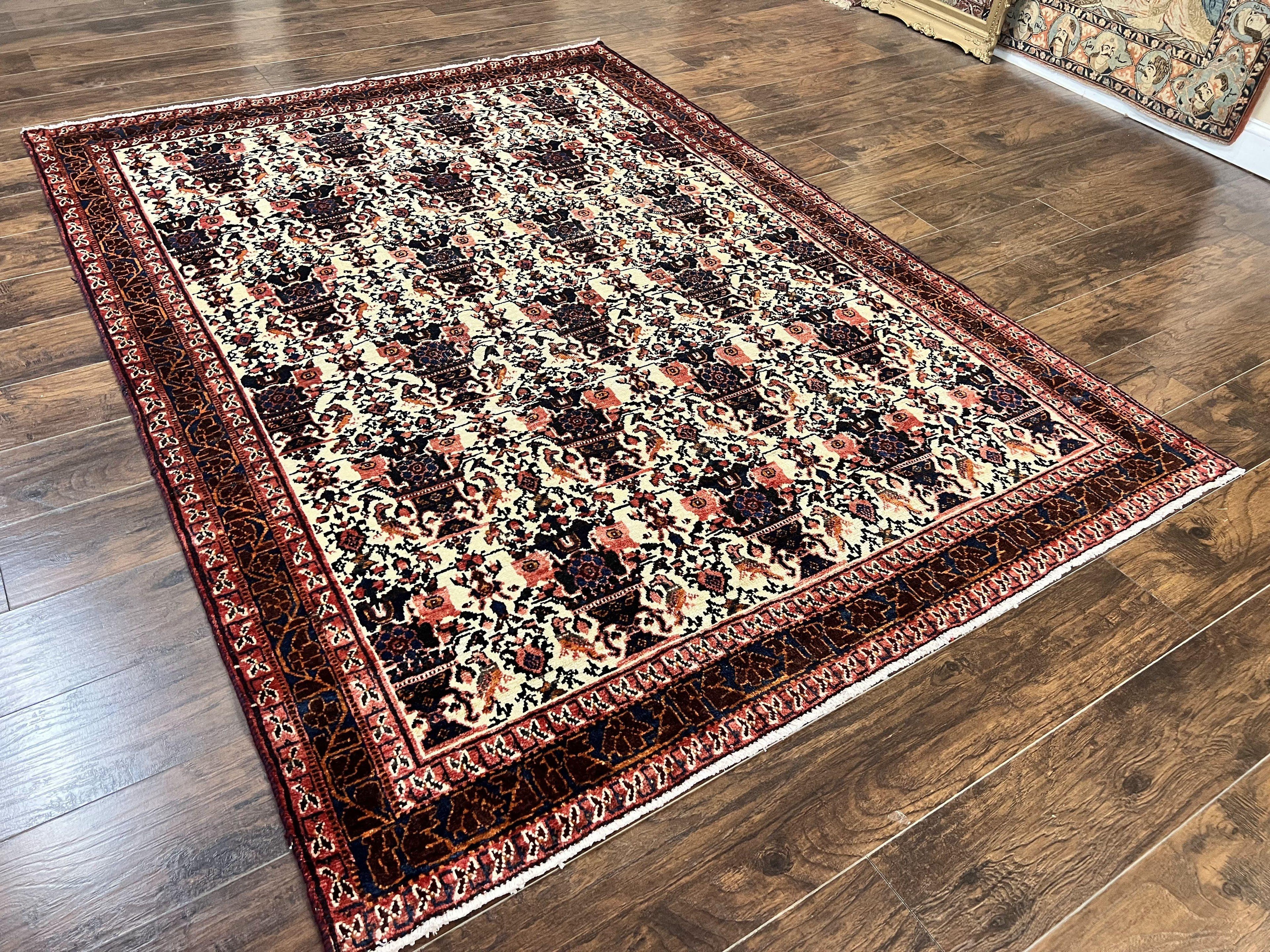 Persian Afshar Rug 6x8, Wool Hand Knotted Semi Antique Vintage Carpet, Floral Allover, Repeated Birds Flowers Vases Motifs