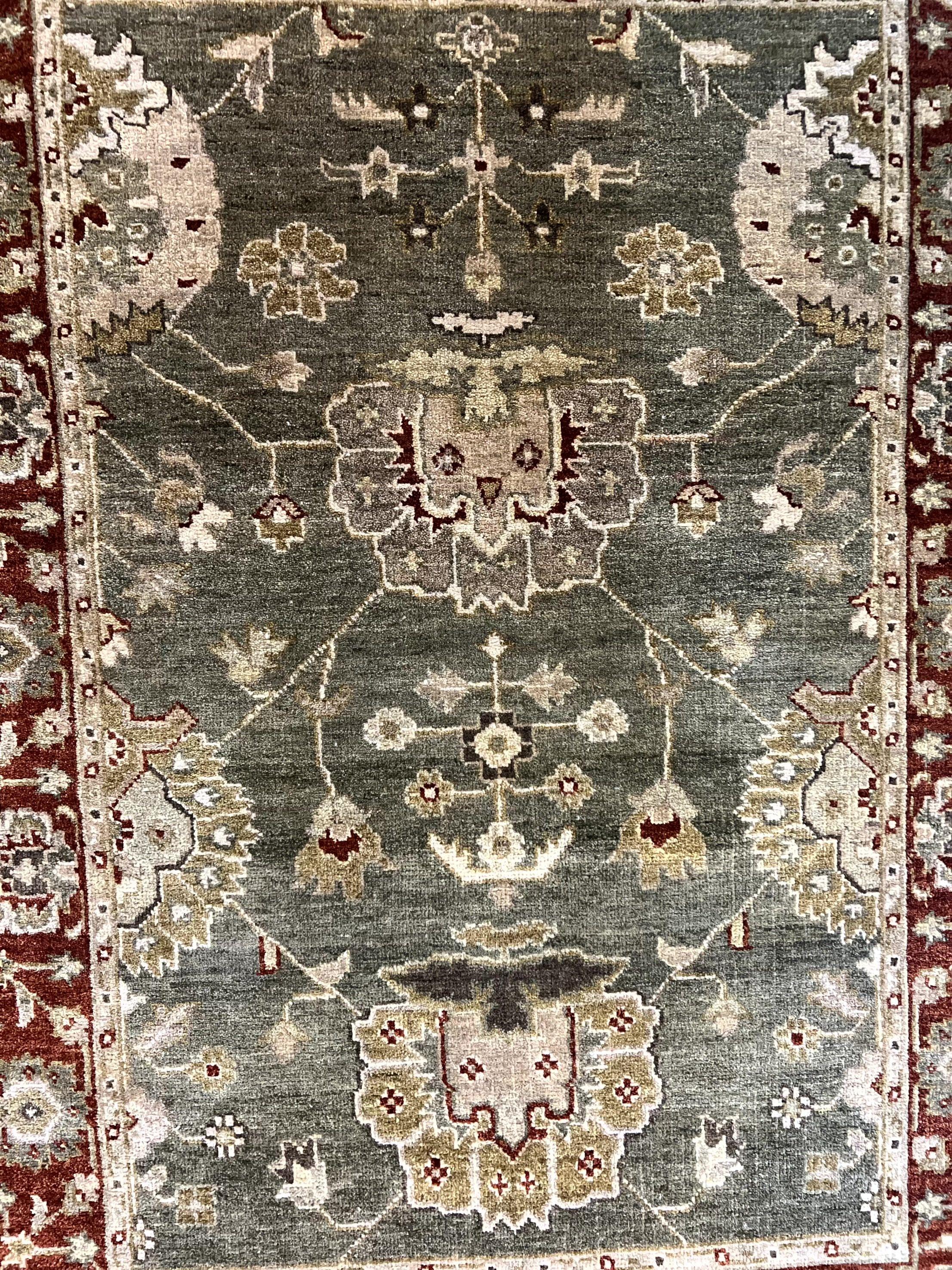 Indo Oushak Rug 4x6, Green and Maroon, Vintage Wool Floral Rug, Indian Agra Rug