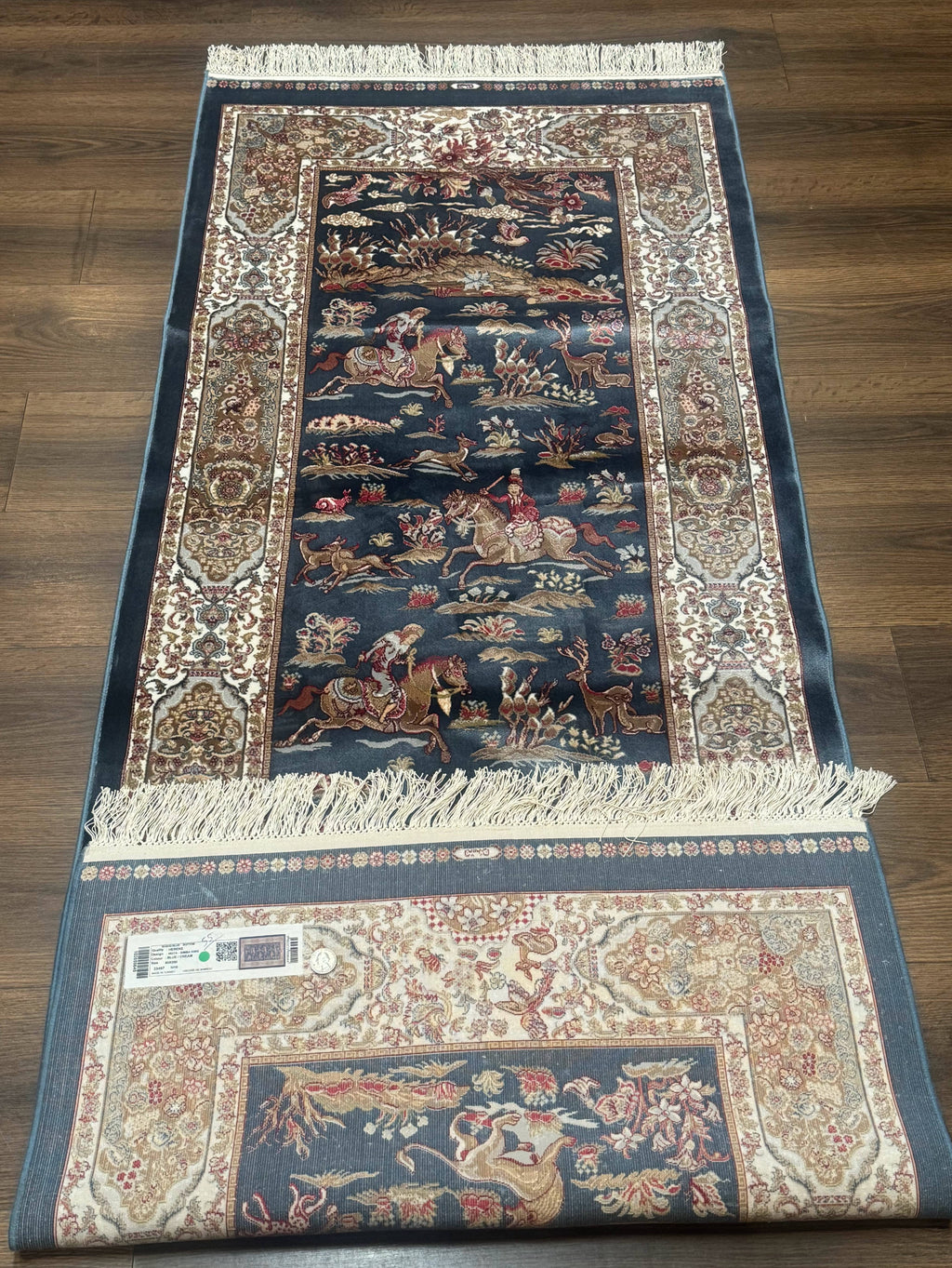 Turkish Silk Rug 2.6 x 6.7, Short Runner Rug, Blue & Ivory, Bamboo Silk, New