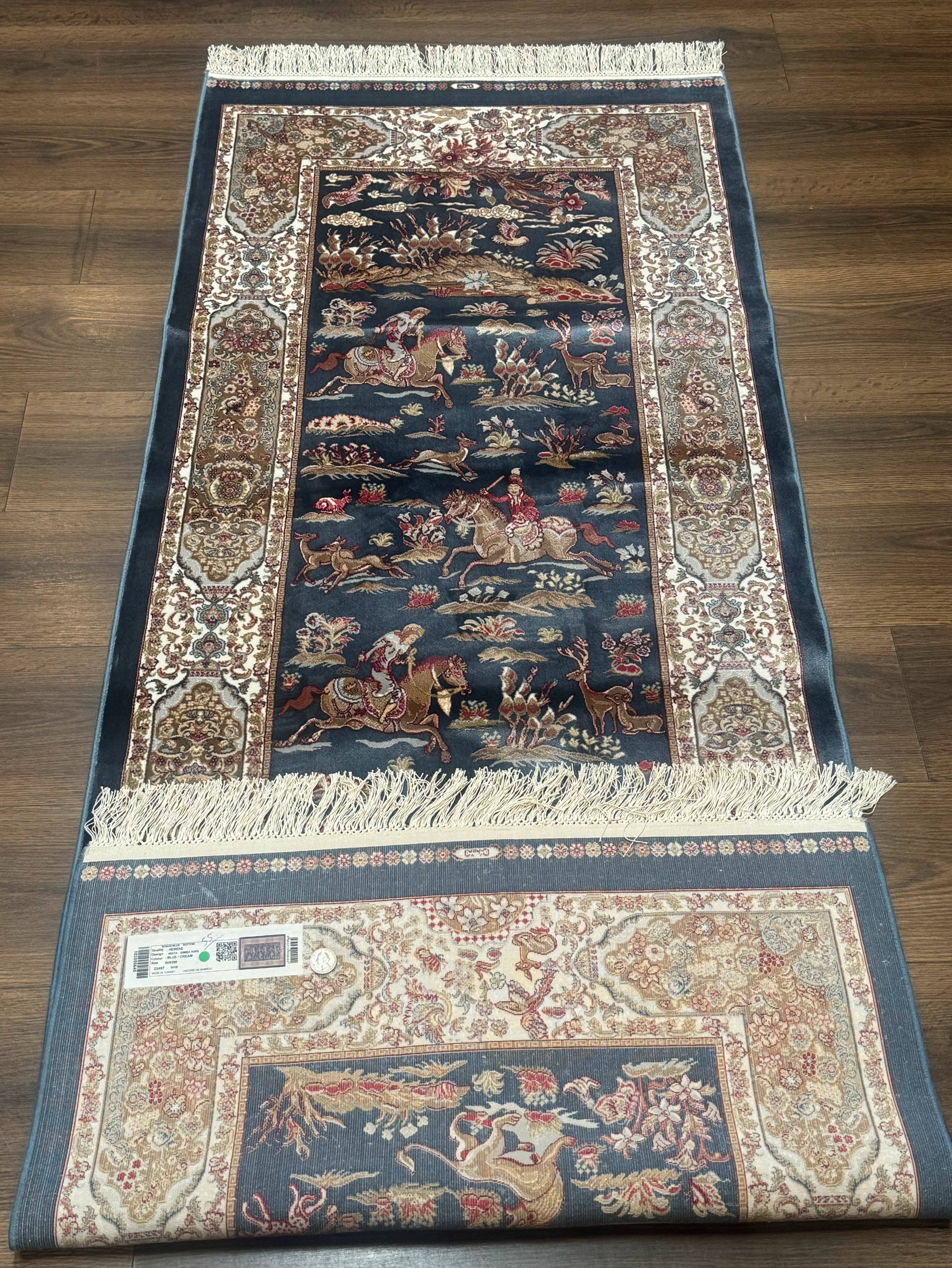 Turkish Silk Rug 2.6 x 6.7, Short Runner Rug, Blue & Ivory, Bamboo Silk, New