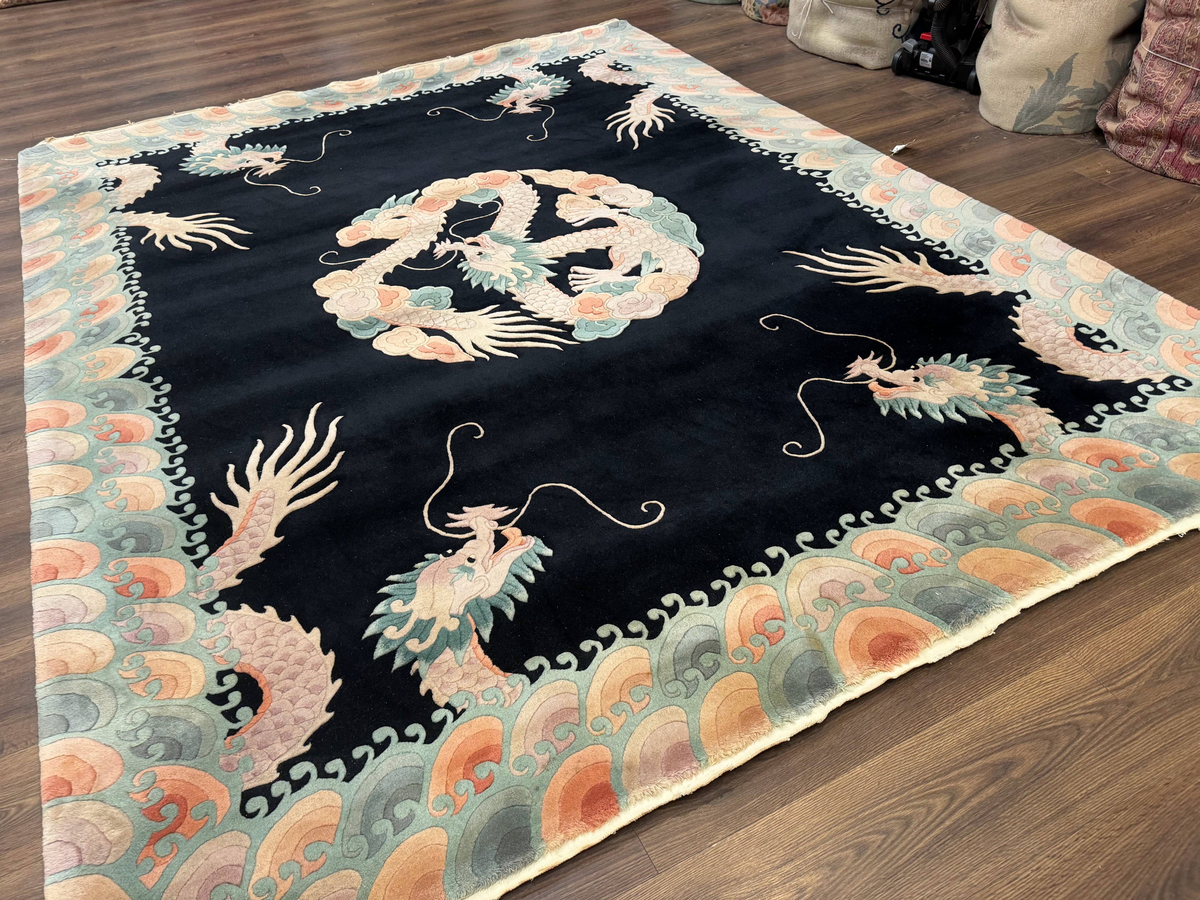 Black Chinese Wool Rug 8x10 with Dragons, Rainbow Borders, Rare