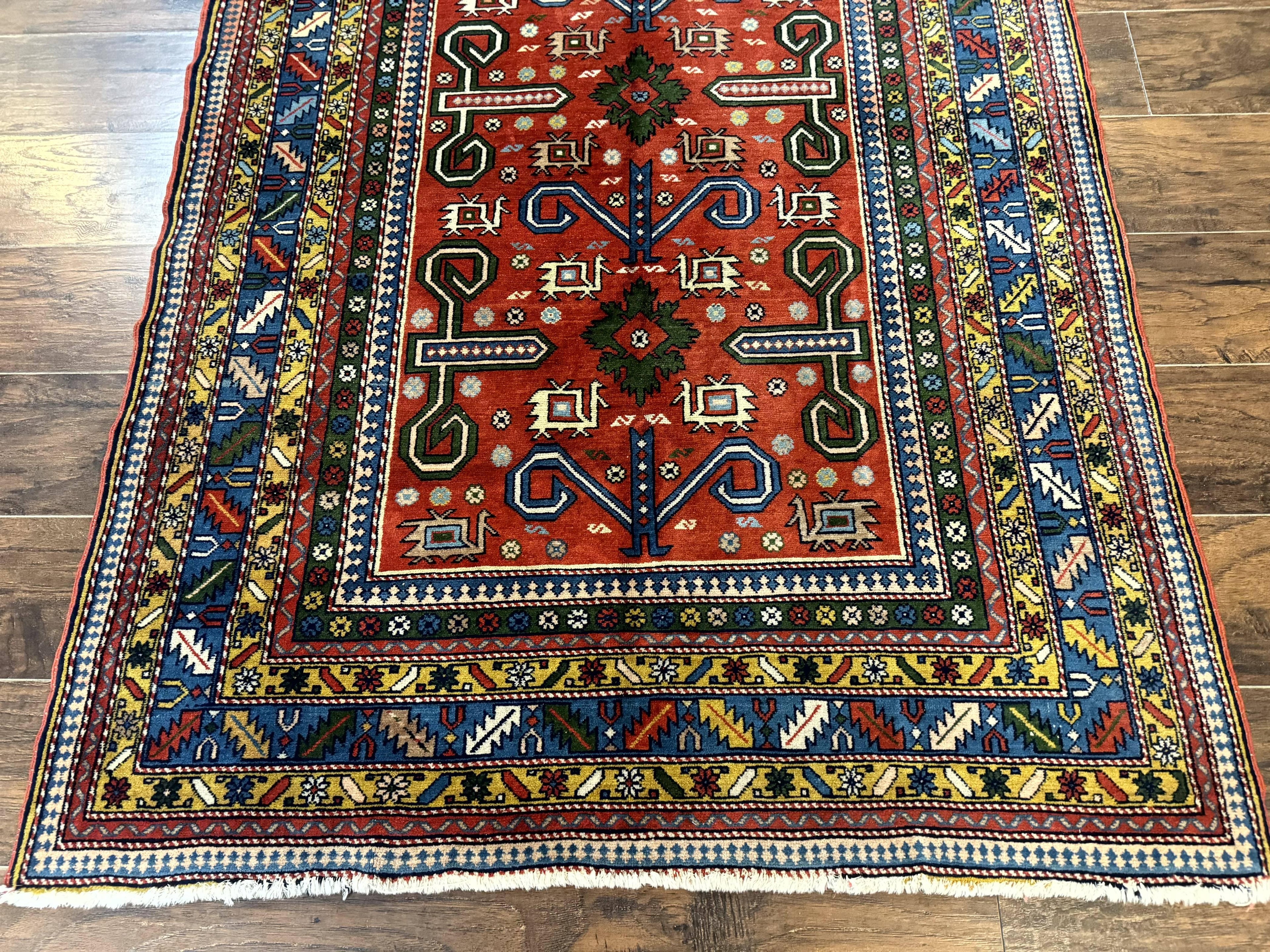 Colorful Persian Ardabil Rug 4x7, Red Blue Gold, Geometric Caucasian Design, Vintage