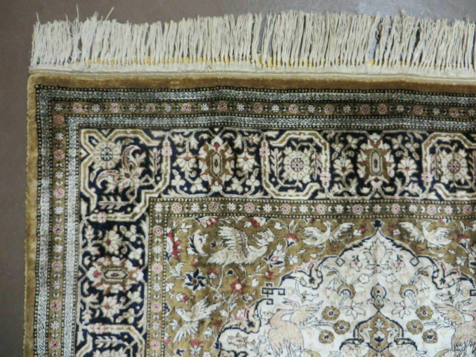 Handmade Silk Rug 3x5, Vintage Antique Silk Carpet, Hand-Knotted Oriental Rug 3 x 5, Animal Motifs, Deer Birds, One-Of-A-Kind