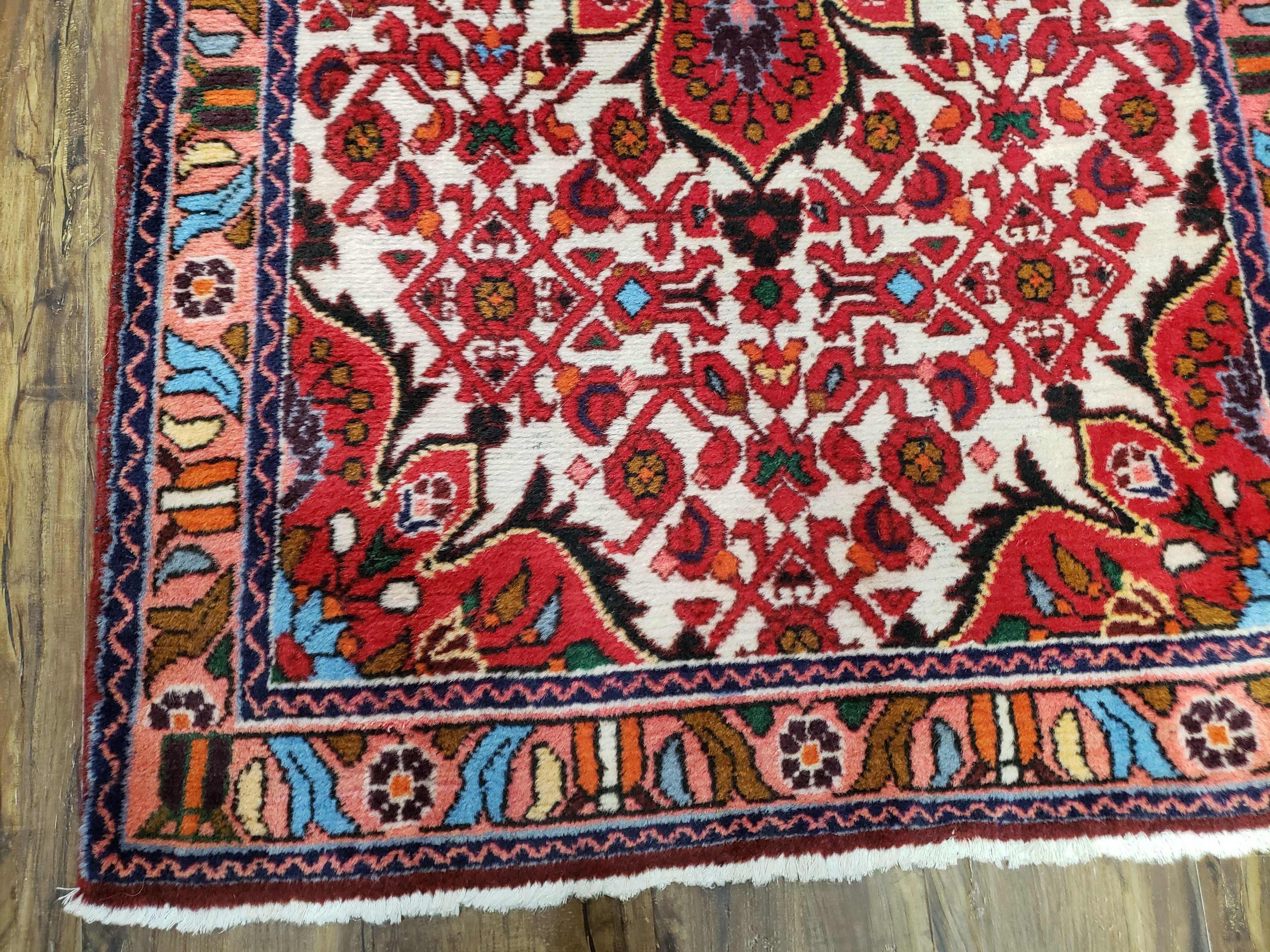 3' 2' X 5' 1" Handmade Floral Wool Rug Red Beige /Ivory