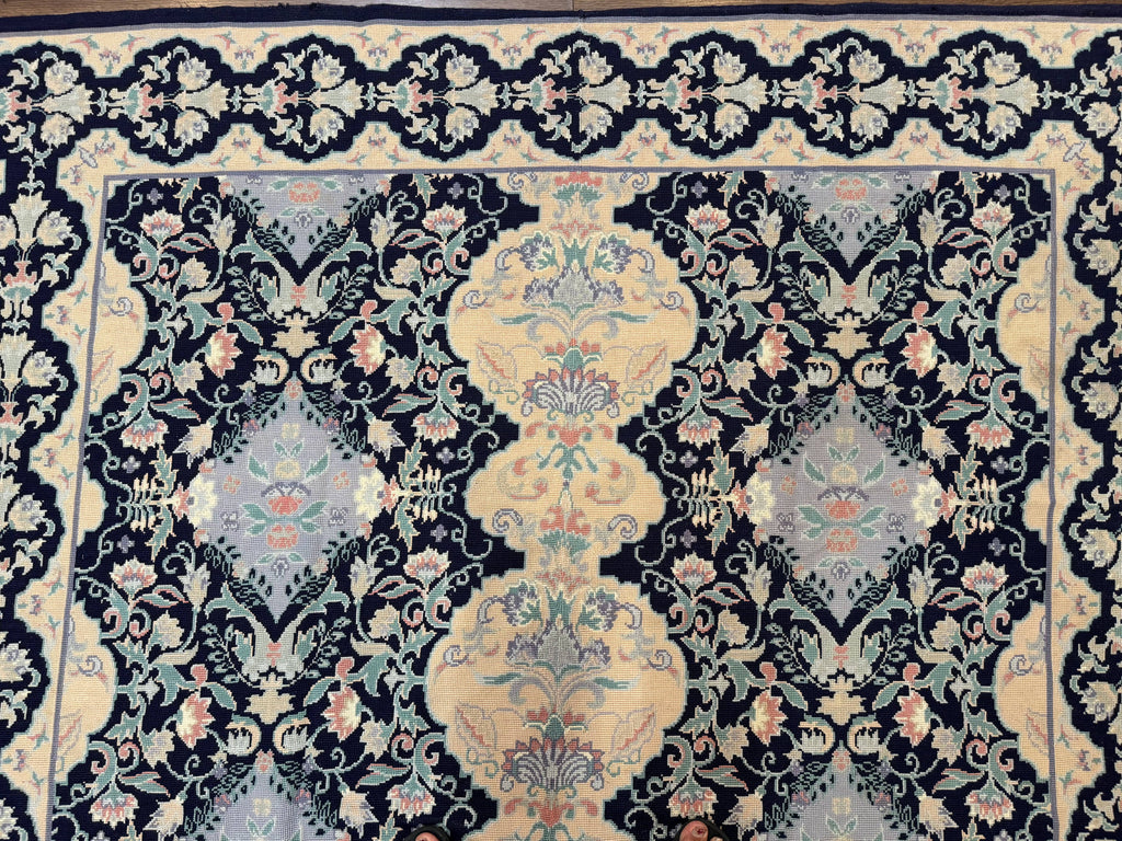 Needlepoint Rug 6x9, Ivory and Navy Blue