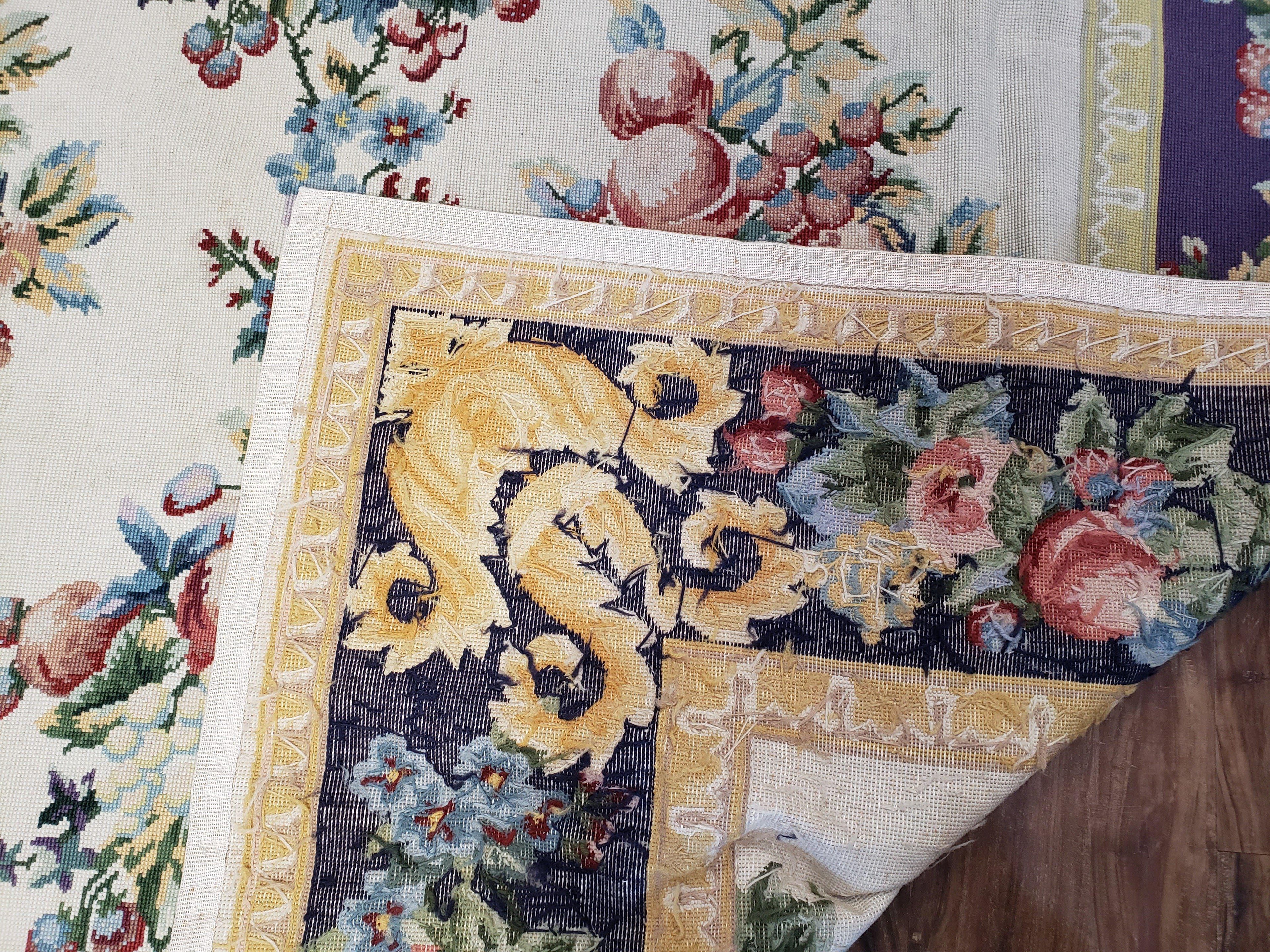 Vintage Chinese Floral Needlepoint Area Rug 6x9, Wool Hand-Woven Handmade Flatweave Rug, Ivory & Purple, Fruits Grapes Apples, Dining Room