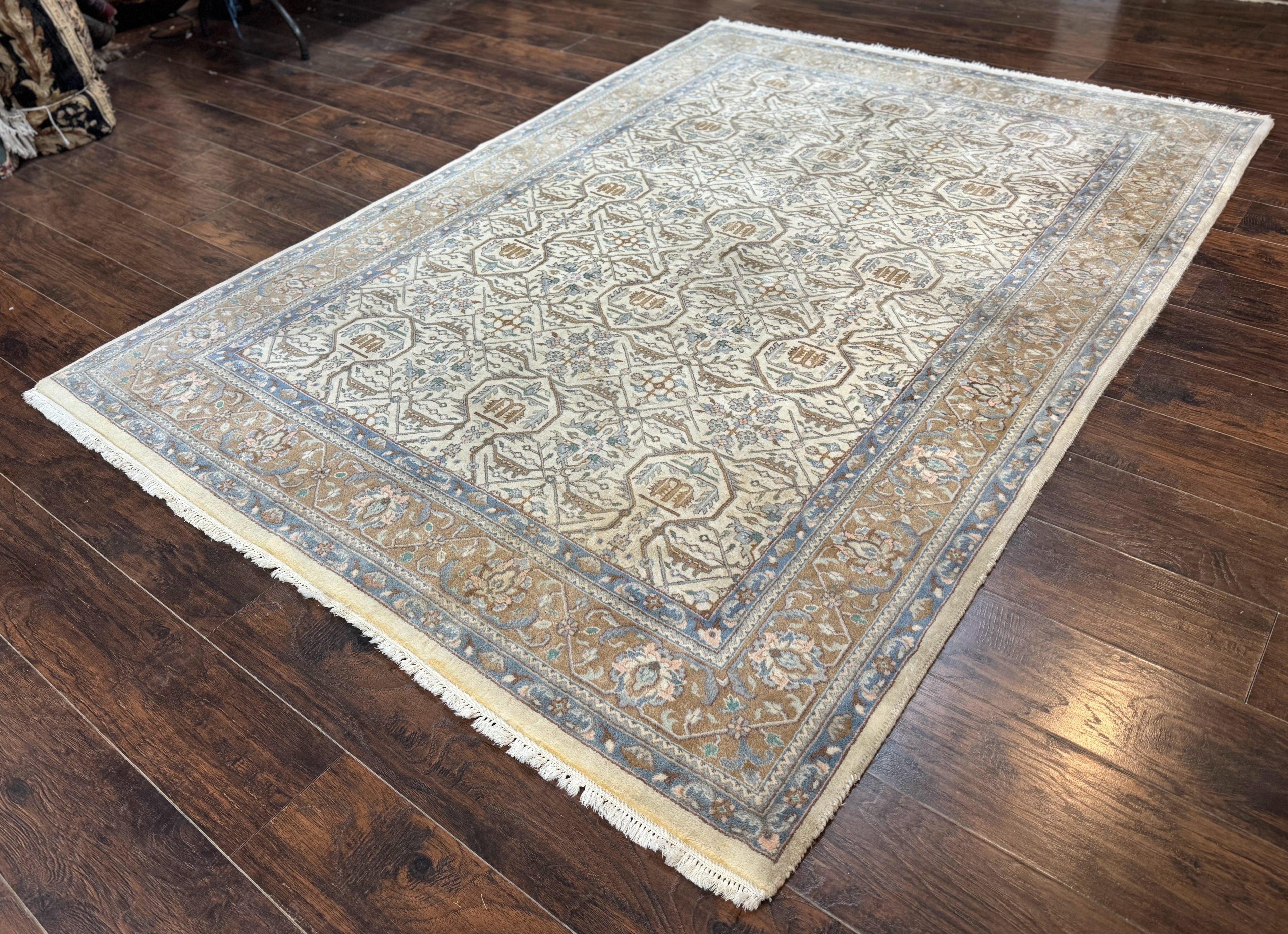 Indo Persian Rug 6x9, Beige, Allover Pattern, Vintage Wool Oriental Carpet