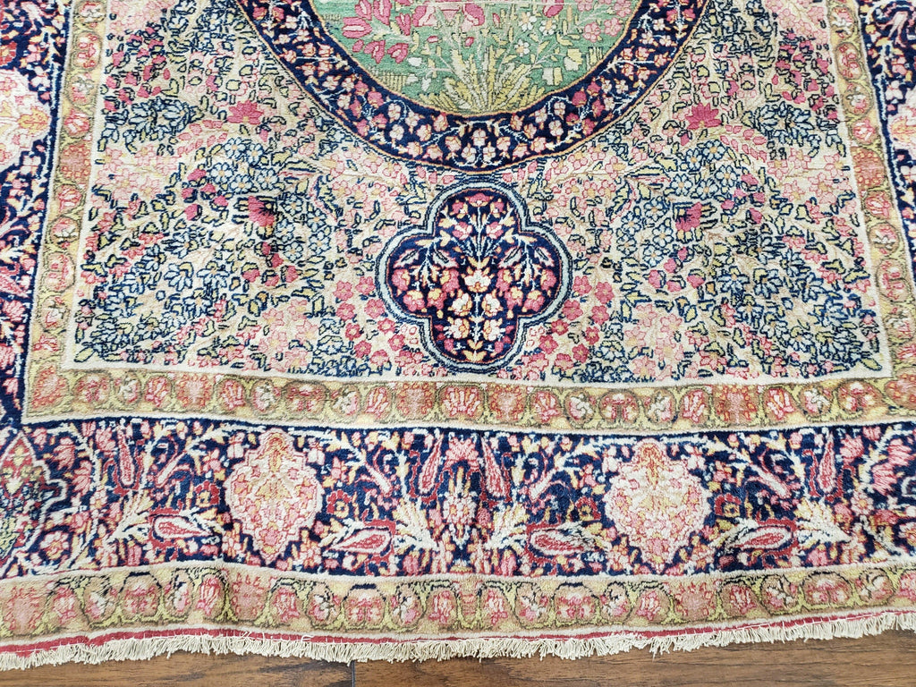 Antique Persian Kerman Lavar Rug 4.4 x 7.5, Highly Collectible Rare, 1880s Rug, Millefleurs, Cows, Wool Hand Knotted, Pictorial