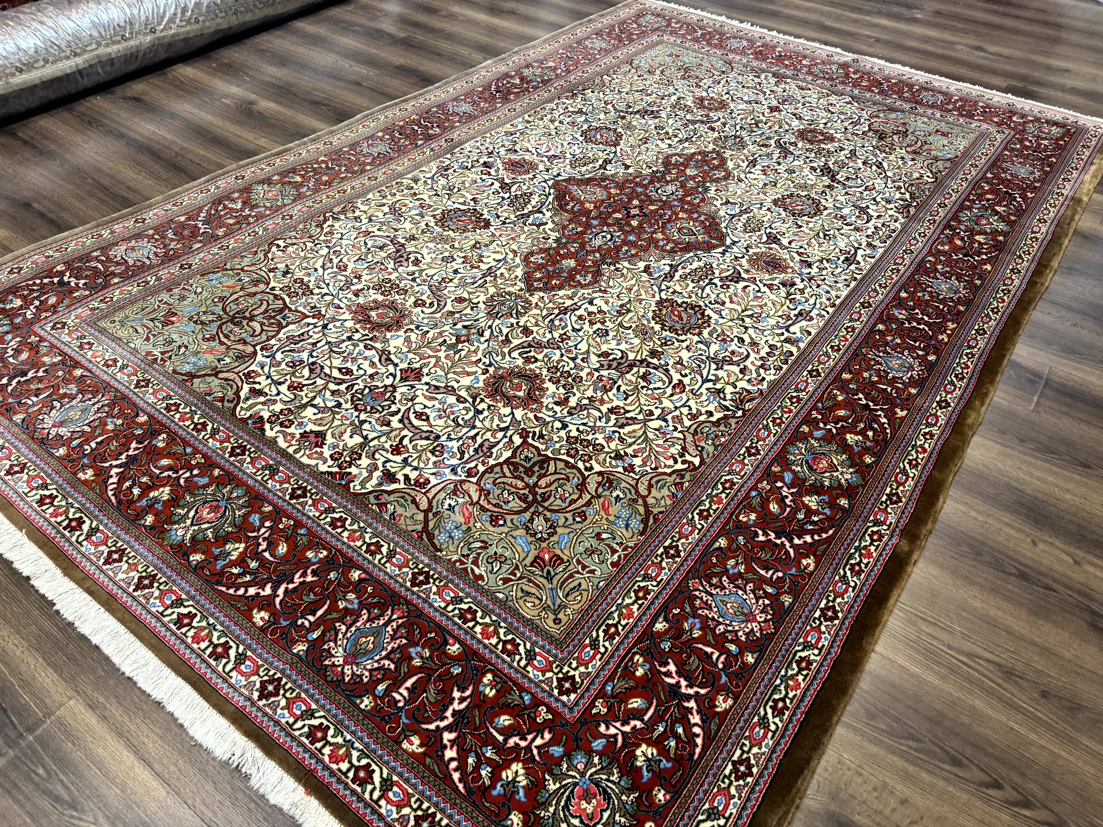 Persian Qum Rug 7x11, Beige and Red, Highly Detailed Floral Pattern, Fine 260 KPSI