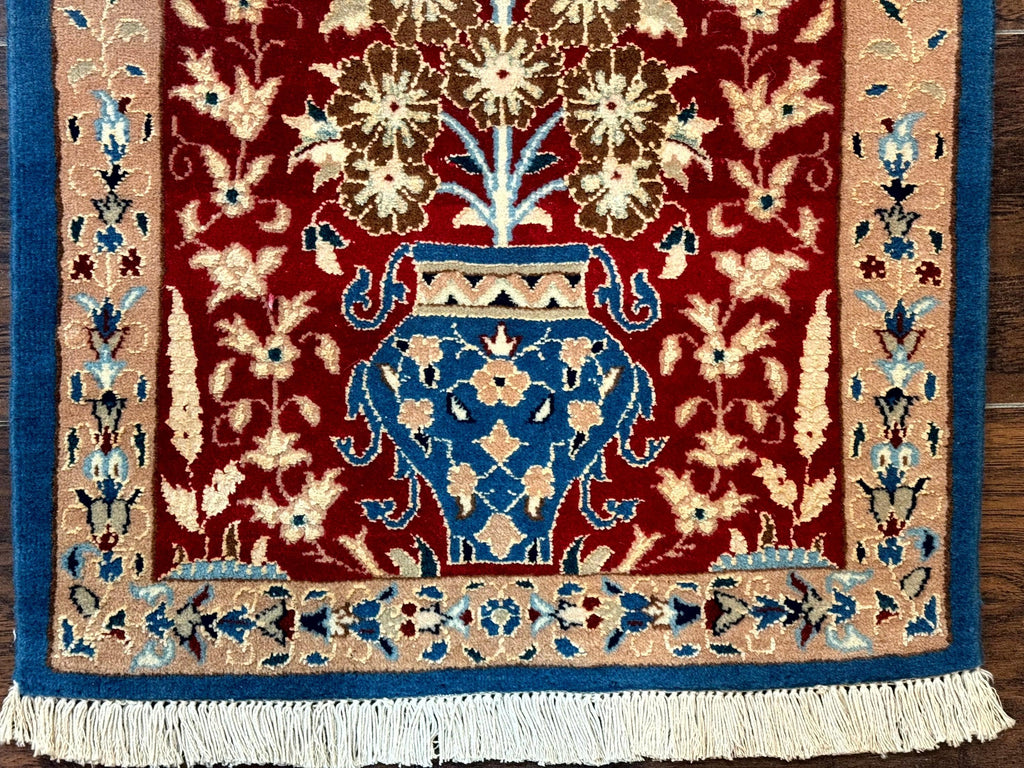 Small Persian Nain Rug, Persian Vase Tree of Life Design, Red and Blue, Very Fine 260 KPSI, Wool and Silk Highlights
