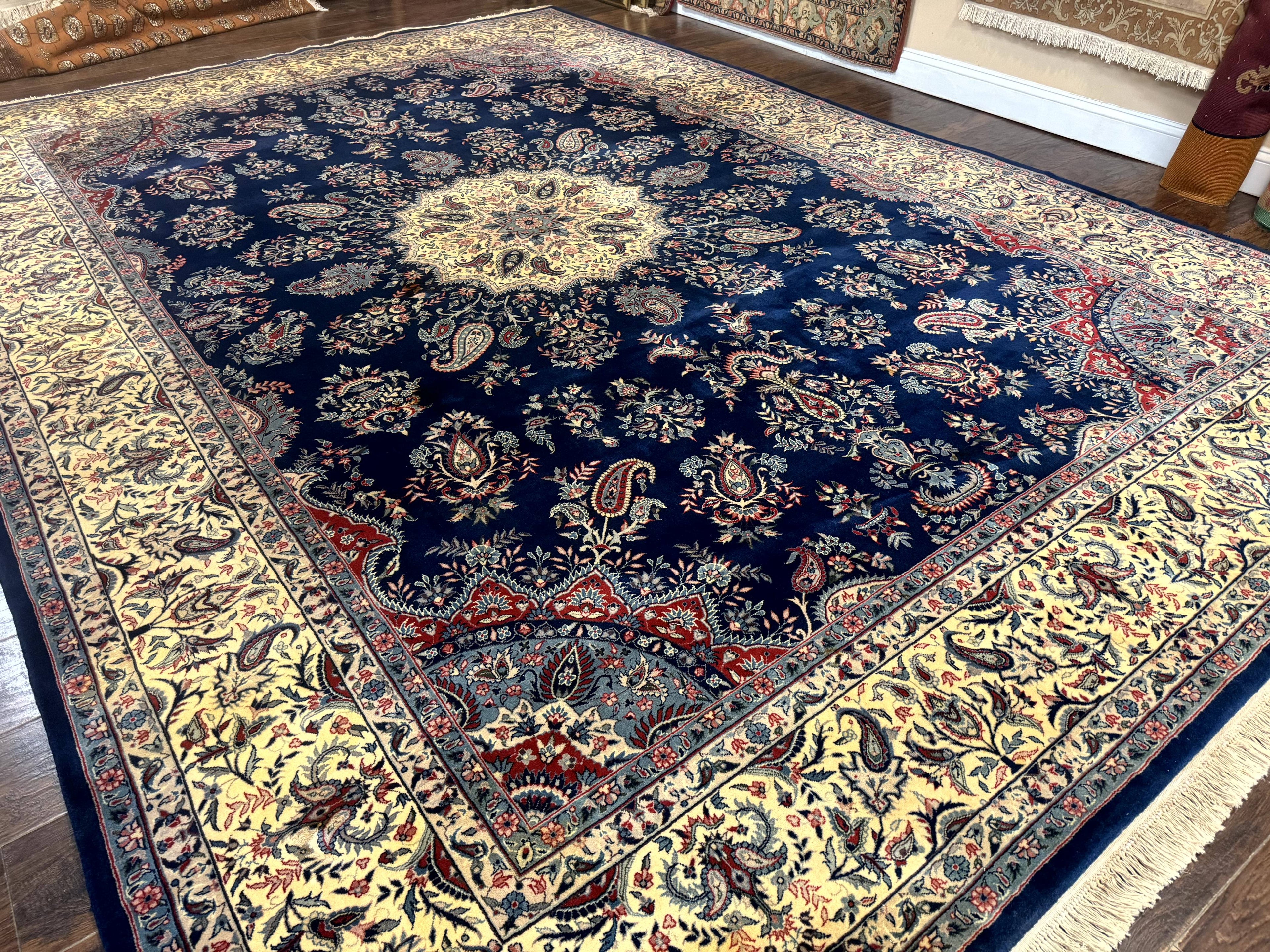 Sino Persian Kerman Rug 10x14, Blue and Beige, Floral Medallion, Fine 240 KPSI