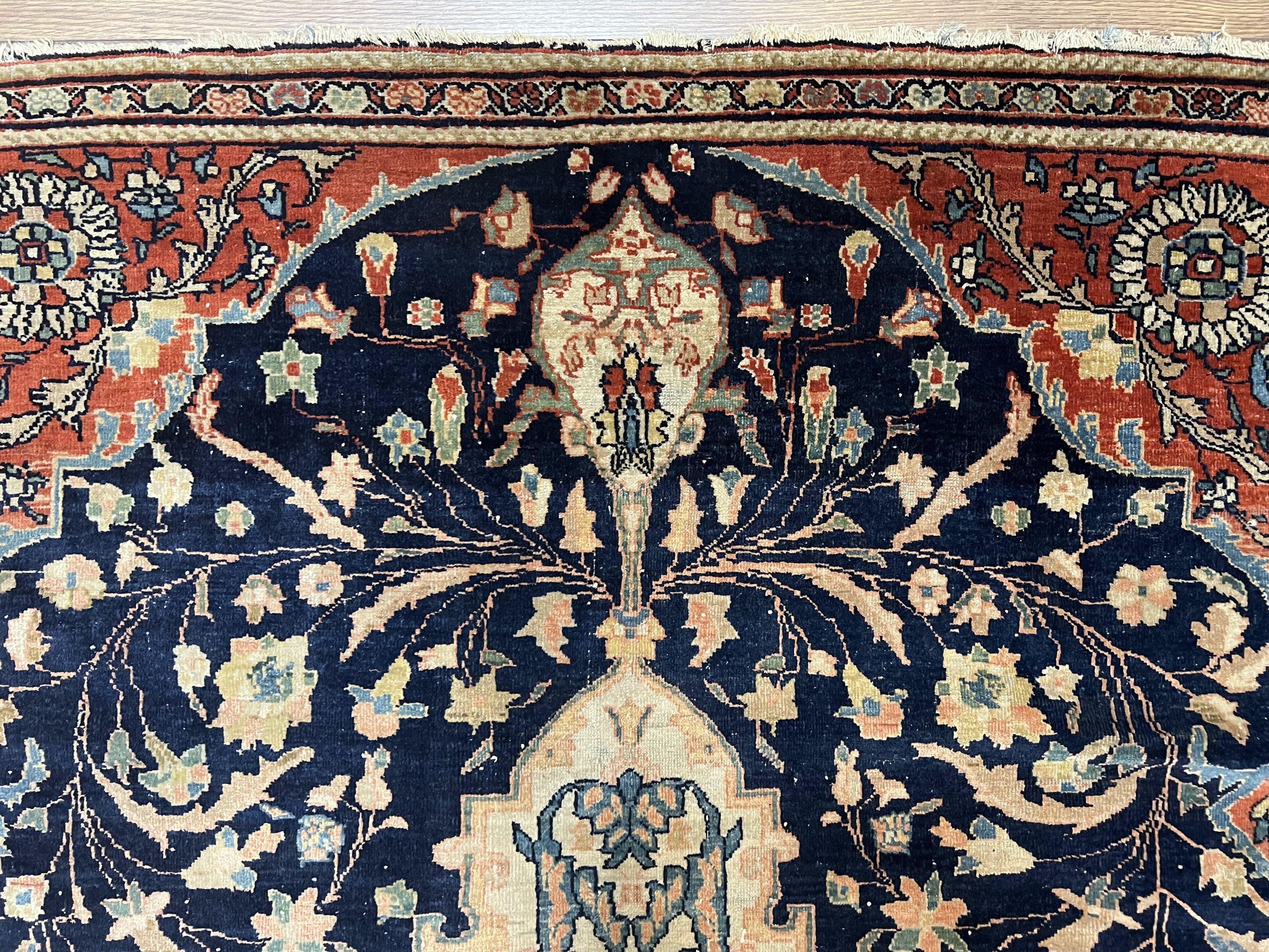 Antique Persian Rug 3.5 x 5, Sarouk Farahan Rug, High Quality 1920s Fine Oriental Carpet 3 x 5 ft, Large Medallion, Floral, Navy Blue Red, Hand Knotted Wool Rug
