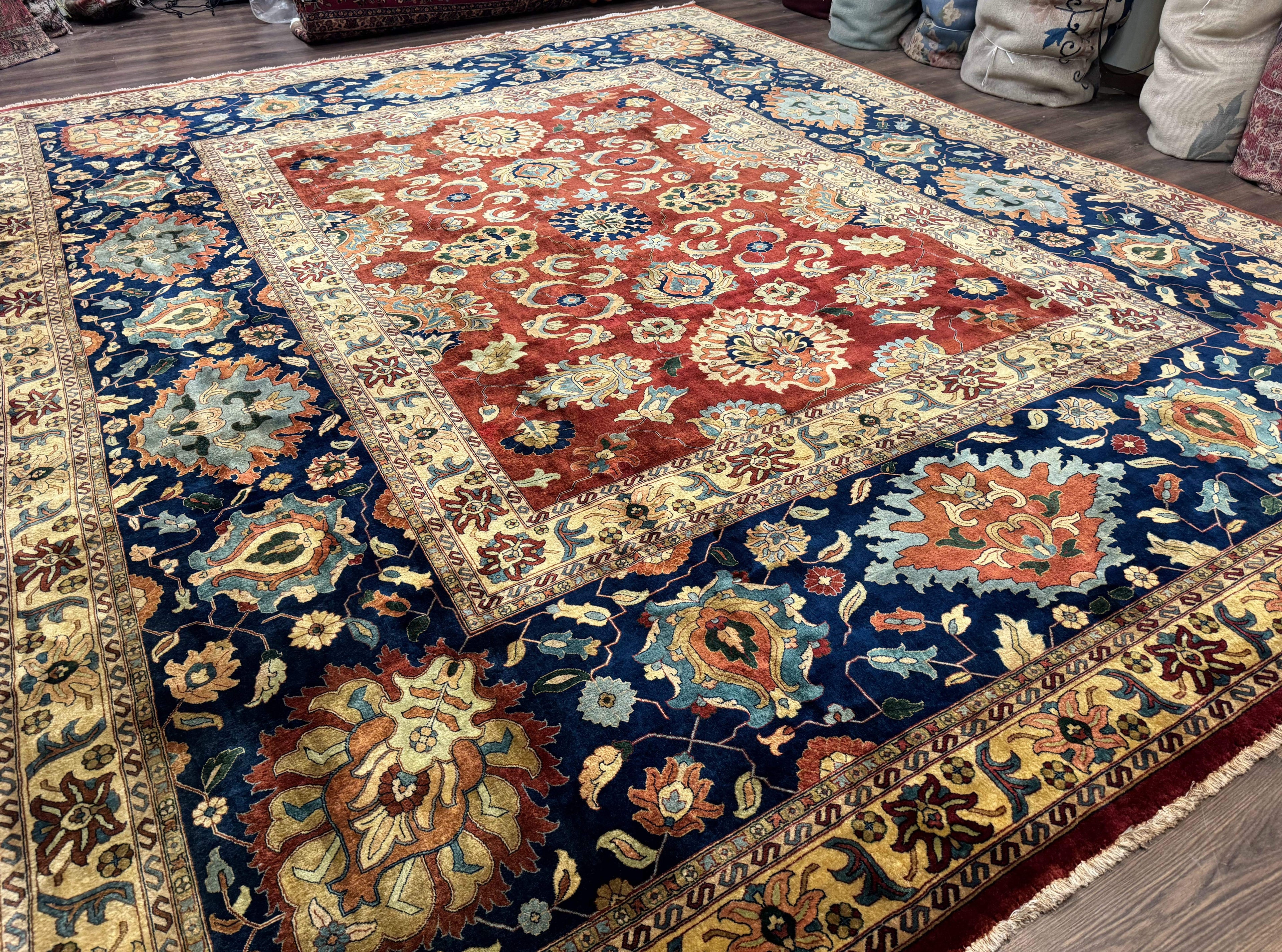 Palace Size Indo Persian Rug 12x15, Sultanabad Mahal Carpet, Red Navy Blue, Fine 210 KPSI