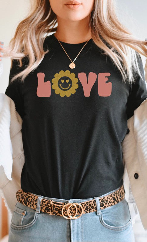Love Sparkley Heart Eyes Flower Graphic Tee T-Shirt