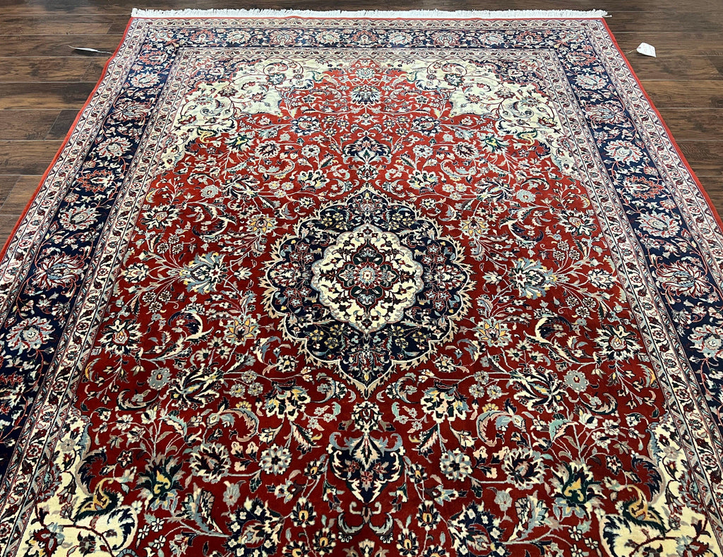 Fine Sino Persian Rug 7x10 ft, Floral Central Medallion Oriental Carpet, Red Navy Blue Cream, Hand Knotted Wool Traditional Vintage Rug