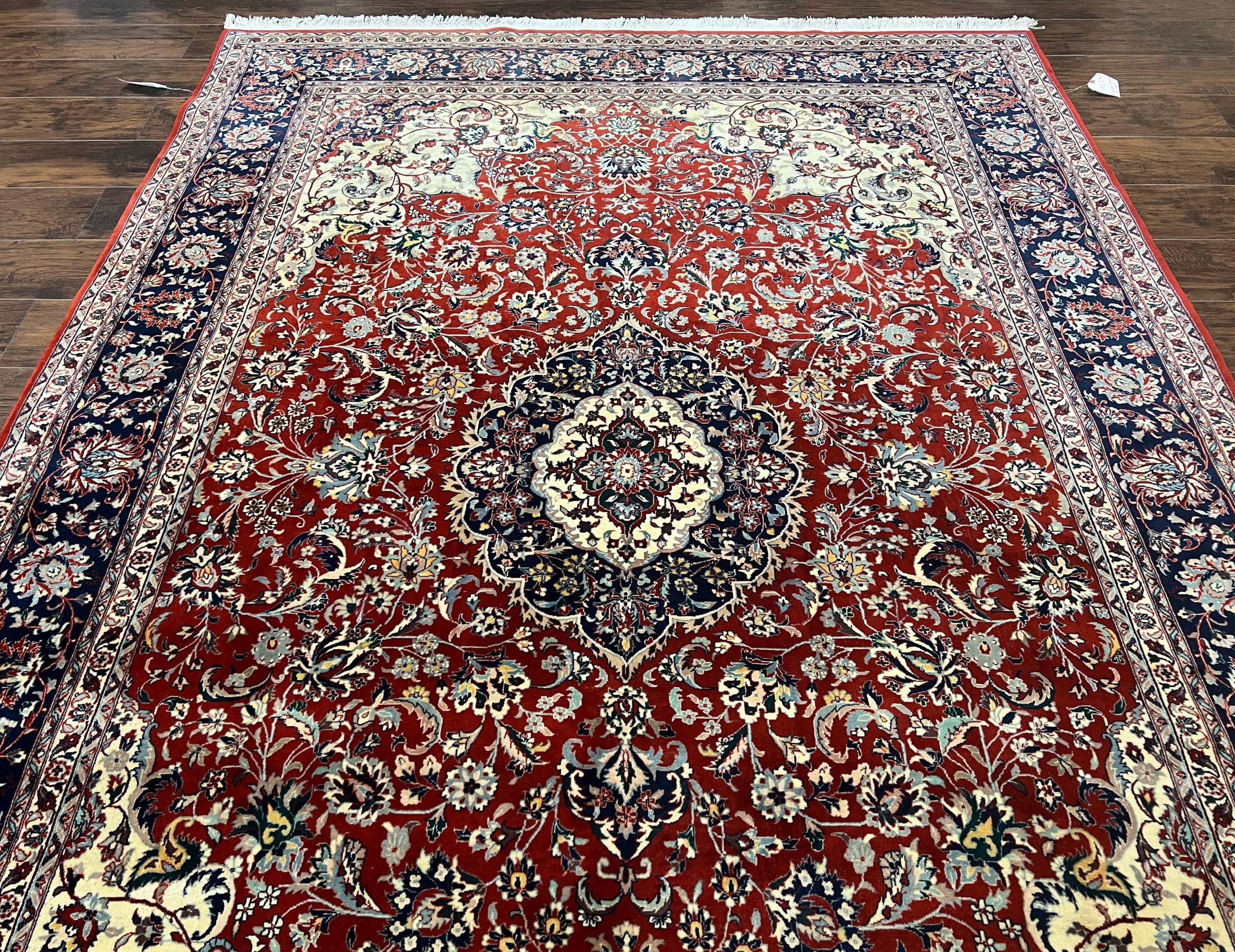 Fine Sino Persian Rug 7x10 ft, Floral Central Medallion Oriental Carpet, Red Navy Blue Cream, Hand Knotted Wool Traditional Vintage Rug