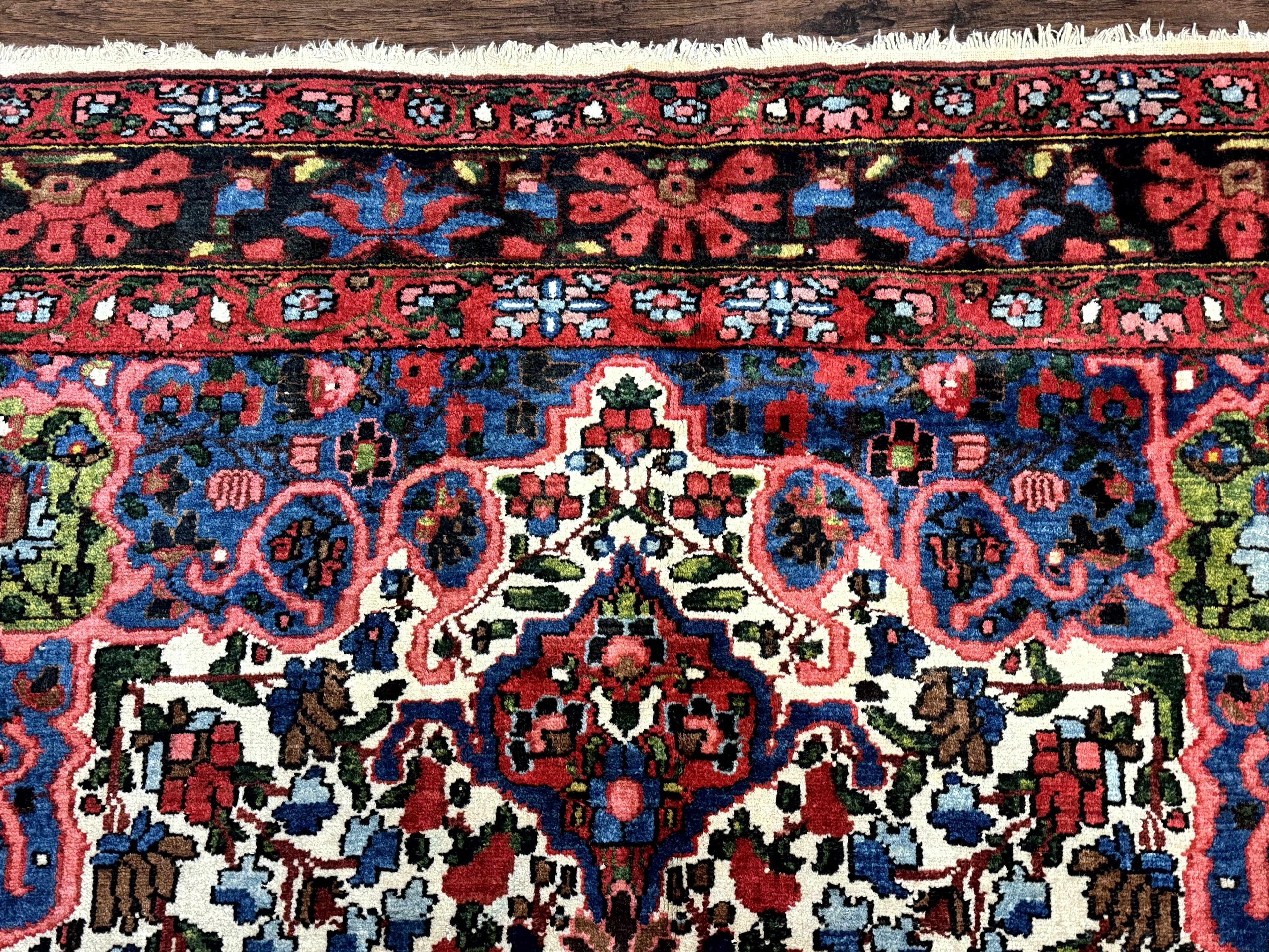 Persian Bakhtiari Rug 7x10, Antique Persian Carpet, Colorful, Great Colors, Ivory Red Blue, Rare Tribal Rug
