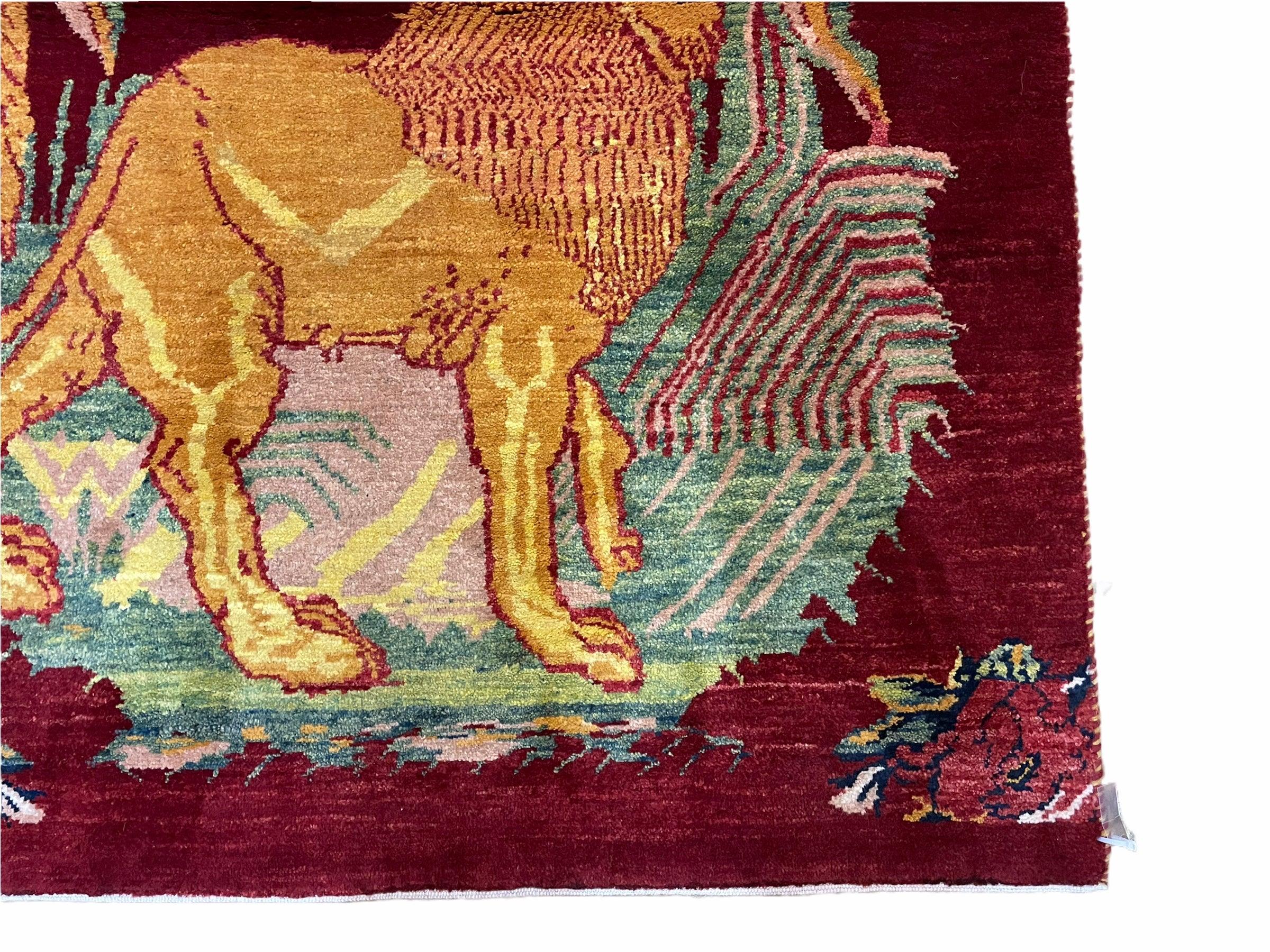 3 X 5 Handmade Rug New Vintage Rug Quality Wool Pictorial Lion Jungle Veg Dyes