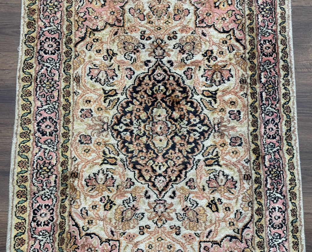 Silk Indian Kashmiri Runner Rug 2.7 x 9.8, Floral Medallions