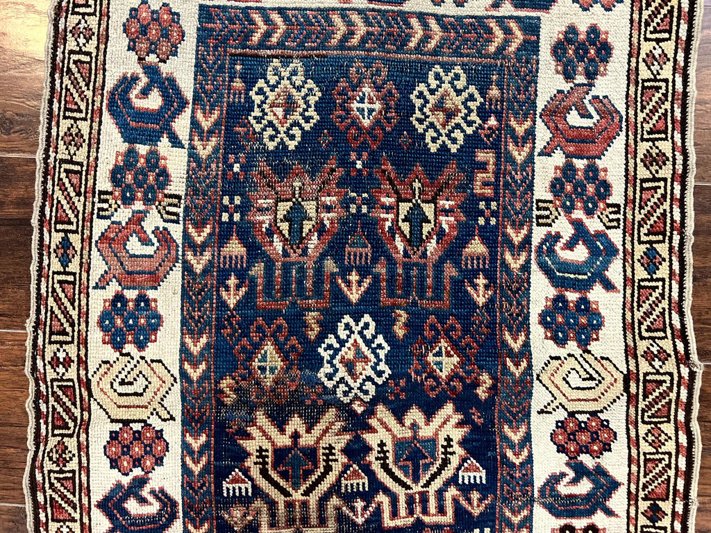 Antique Caucasian Kazak Rug 2.5 x 4, Navy Blue and Ivory, Hand Knotted Handmade Wool Rug