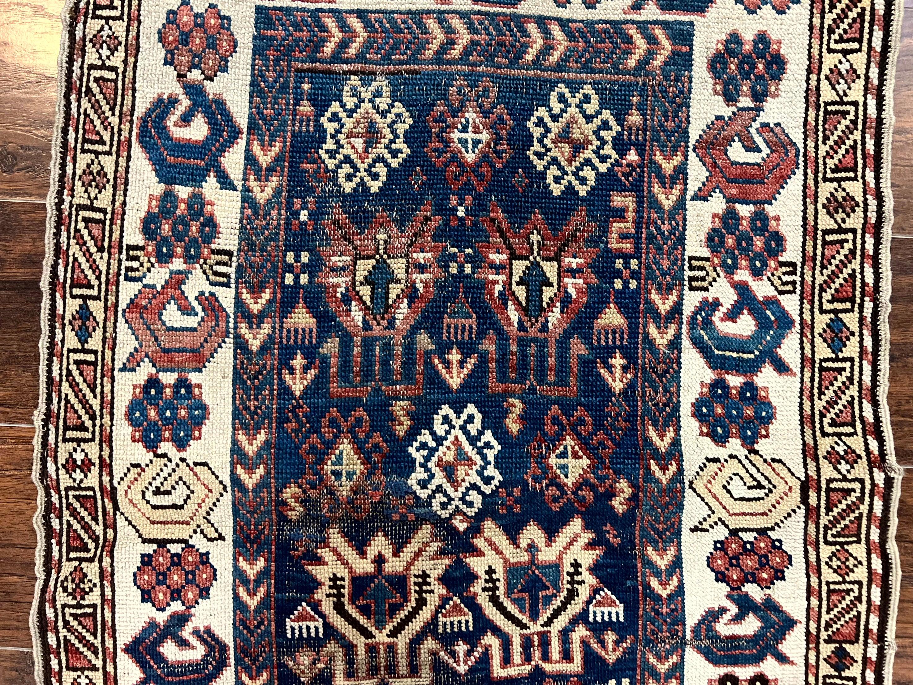 Antique Caucasian Kazak Rug 2.5 x 4, Navy Blue and Ivory, Hand Knotted Handmade Wool Rug