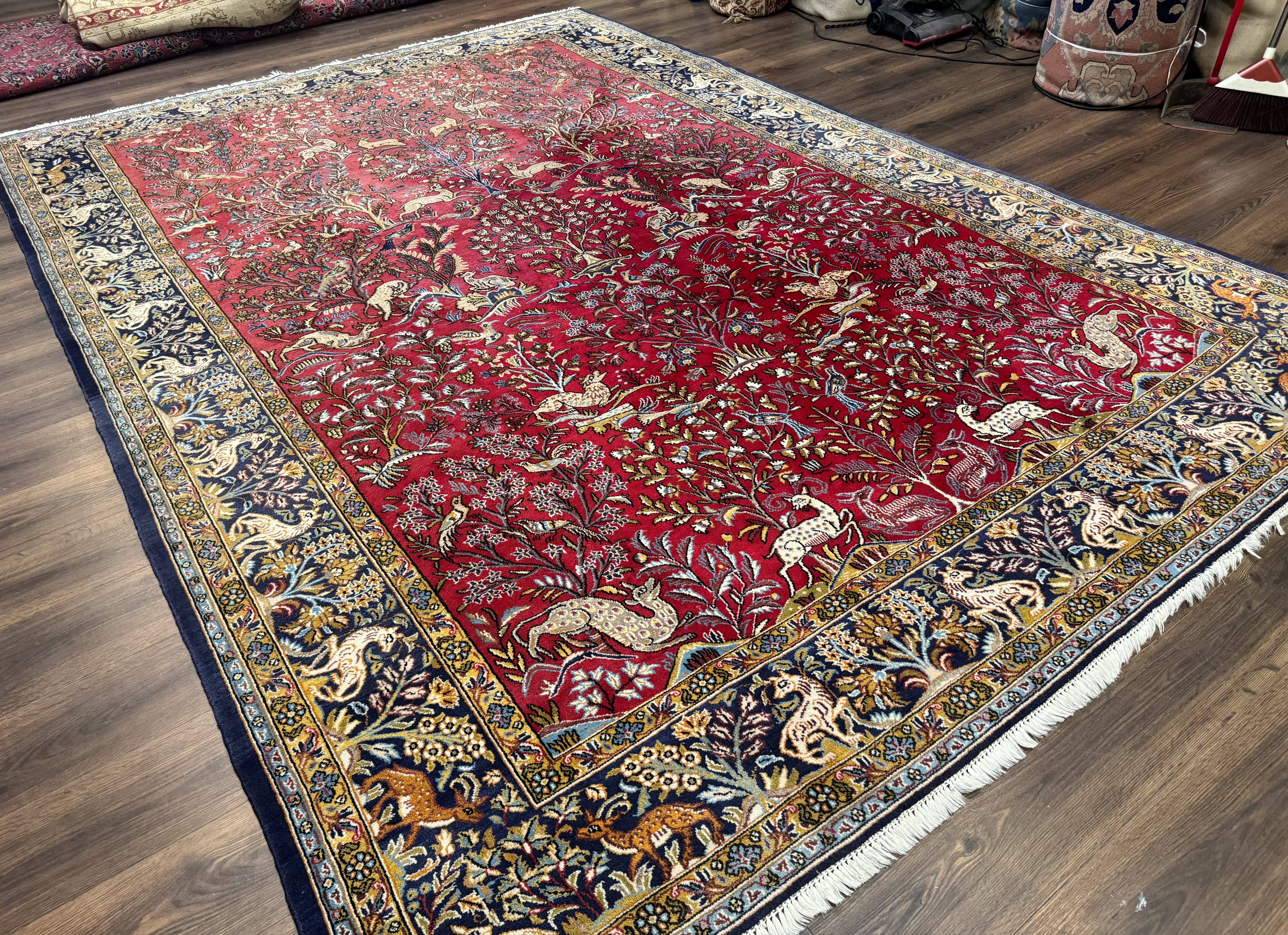 Persian Qum Rug 9x12, Animal Pictorials, Deer Birds, Tree of Life, Red and Navy Blue