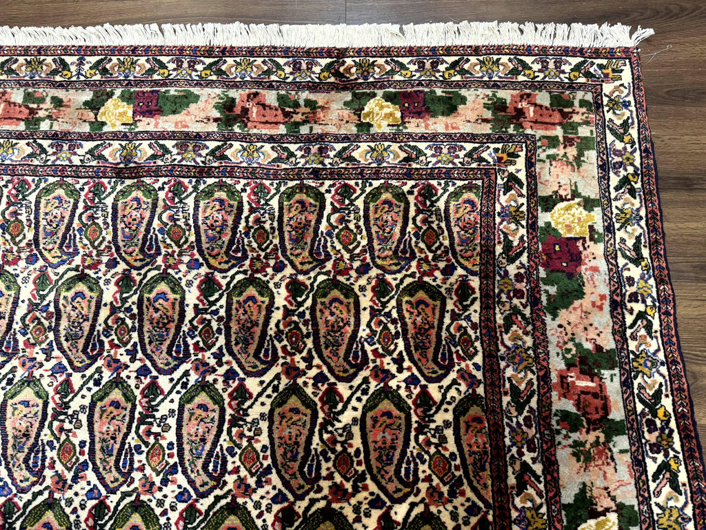 Persian Kurdish Rug 8x11, Repeated Allover Boteh Paisley Design, Bird Pictorials, Rare Antique Sannadaji Carpet