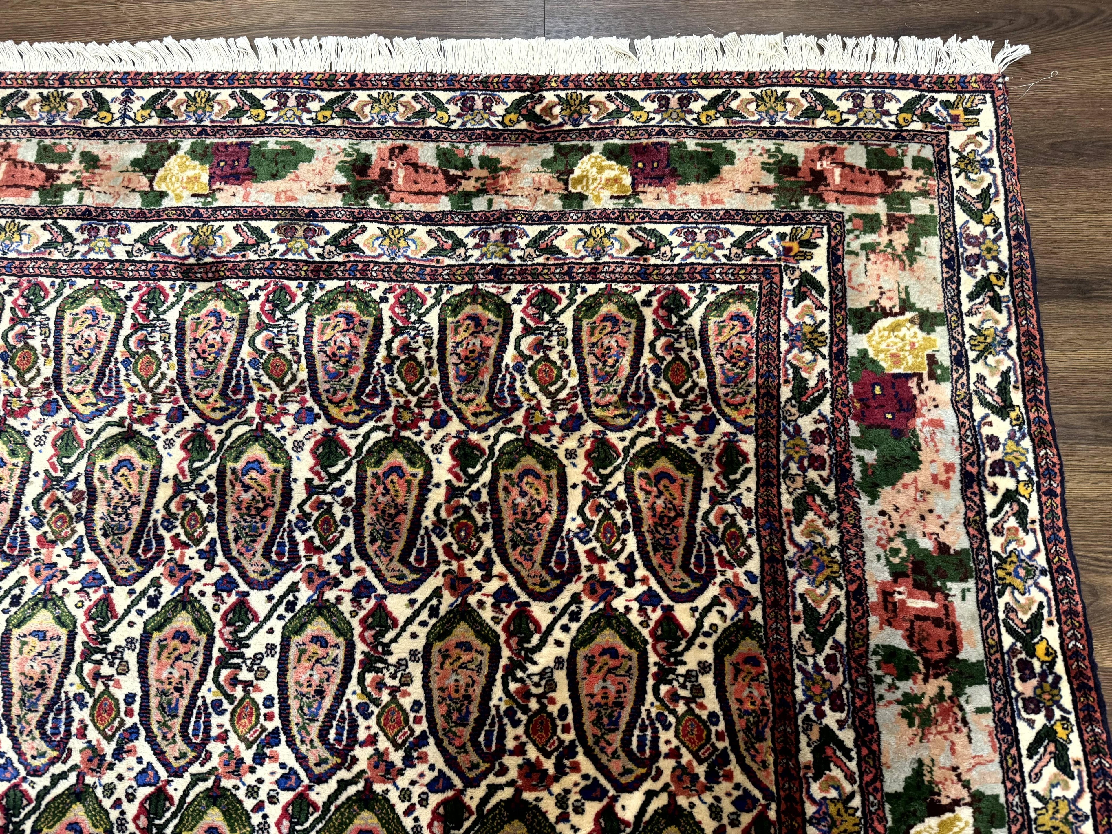 Persian Kurdish Rug 8x11, Repeated Allover Boteh Paisley Design, Bird Pictorials, Rare Antique Sannadaji Carpet