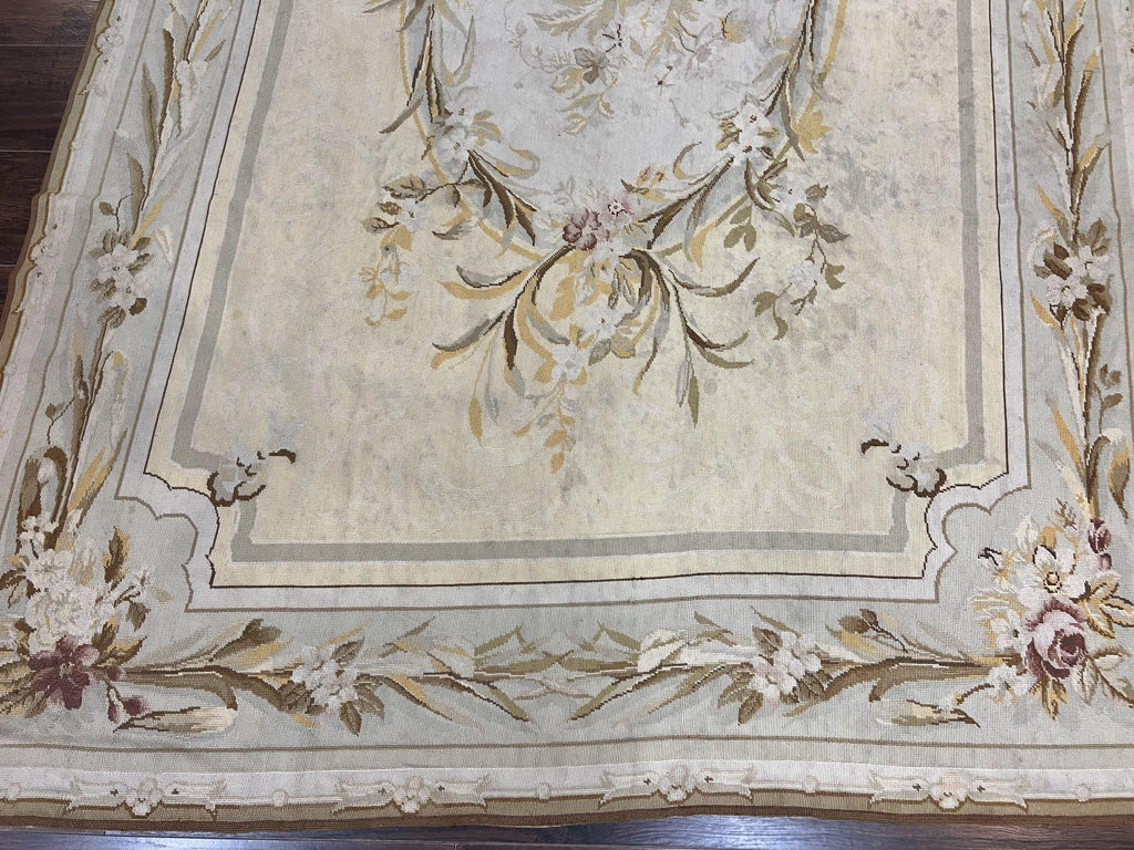 Needlepoint Rug 6x9, Elegant European Design Aubusson Carpet, Vintage Wool Handmade Rug, Light Yellow Ivory