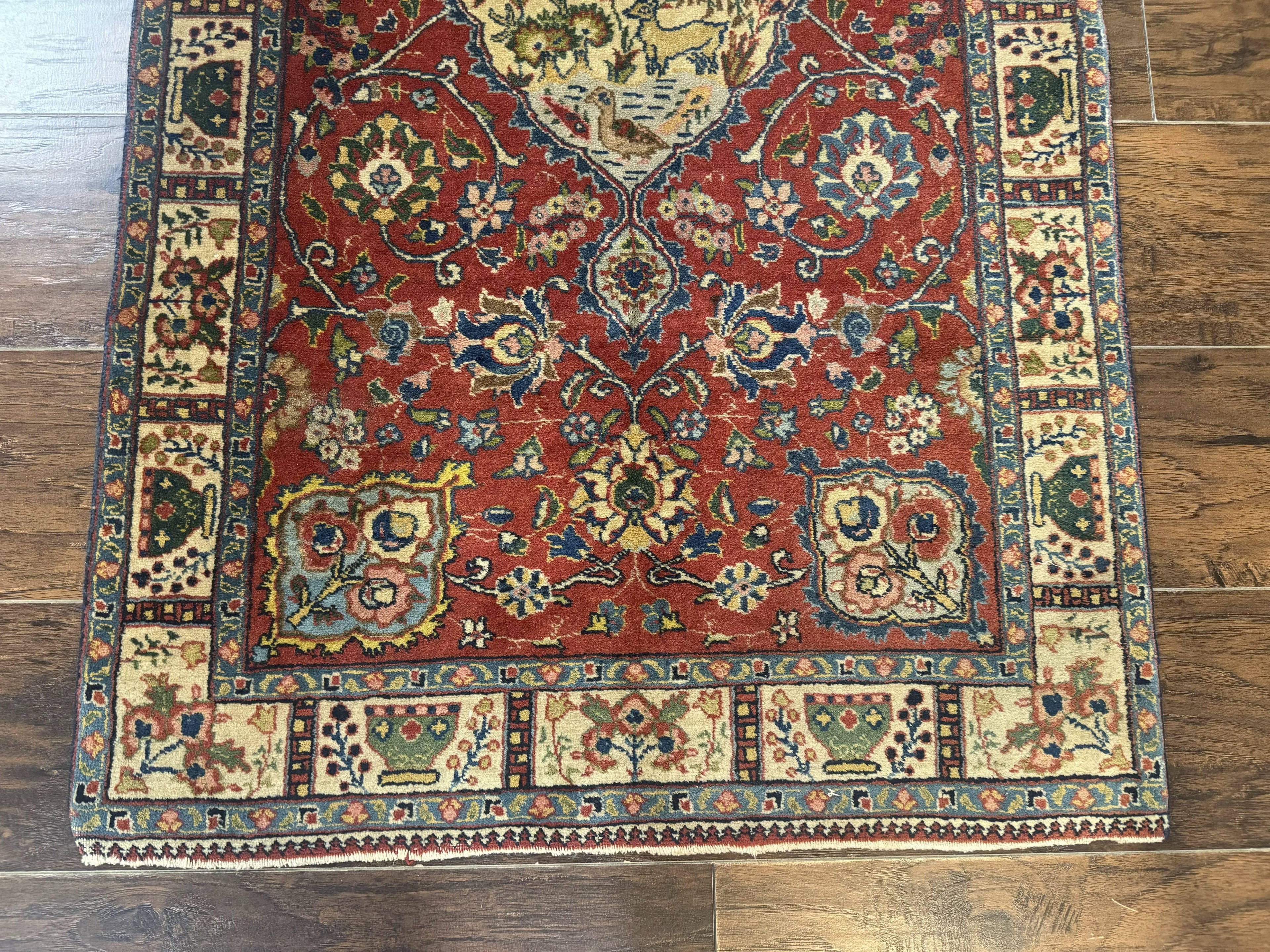 Small Persian Tabriz Rug 2.8 x 4.7, Red, Animal Pictorials, Semi Antique Vintage