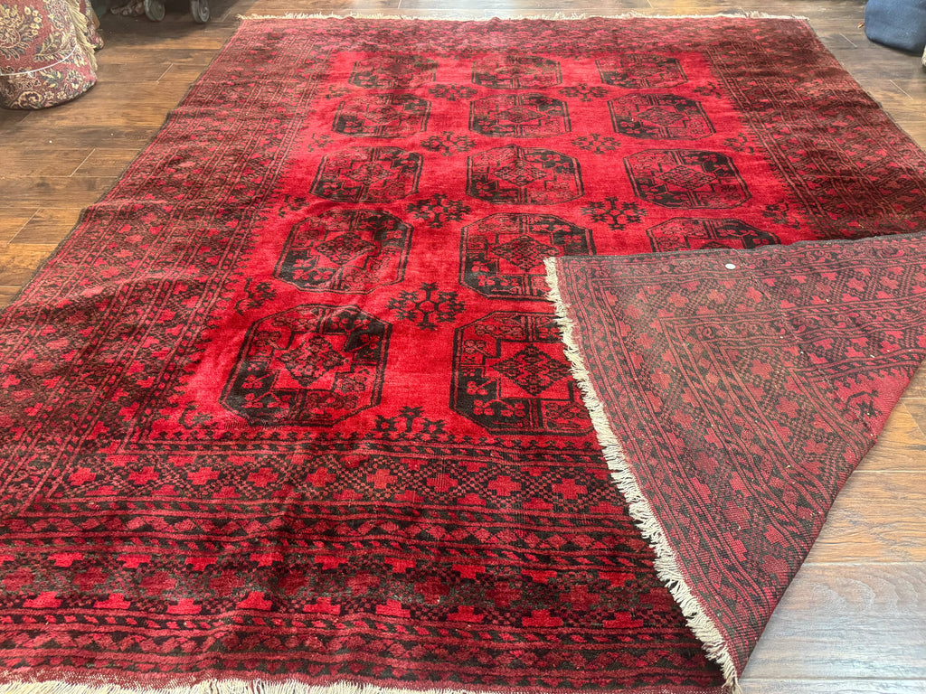 Afghan Turkoman Rug 9x10, Red Beshir Carpet, Tribal, Wool, Antique