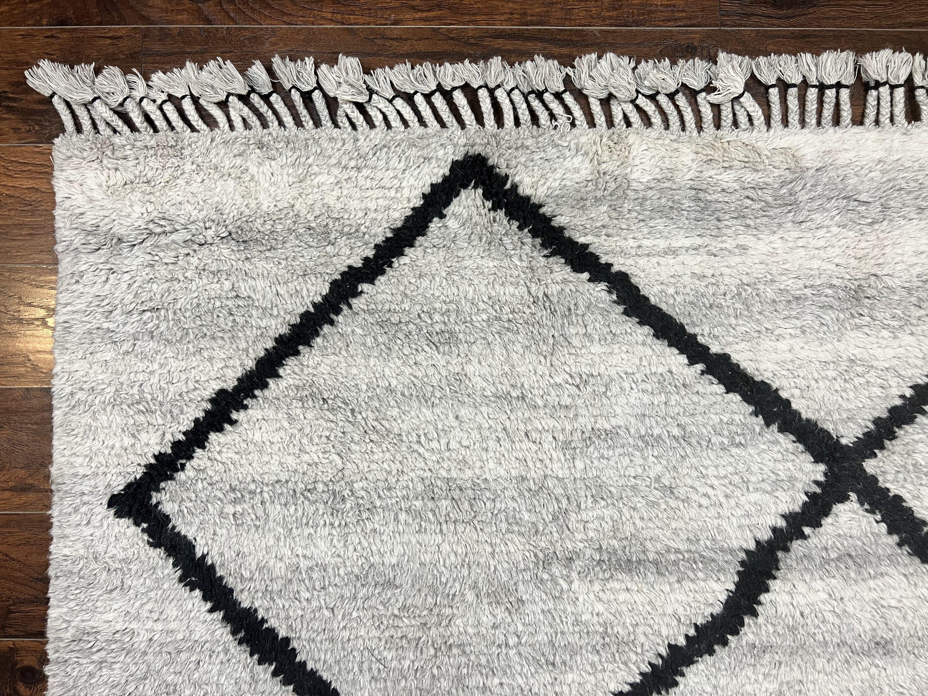 Modern Shag Rug 8x10, Gray and Black, Wool and Cotton, Lulu and Georgia, Handmade Indian Shag Rug