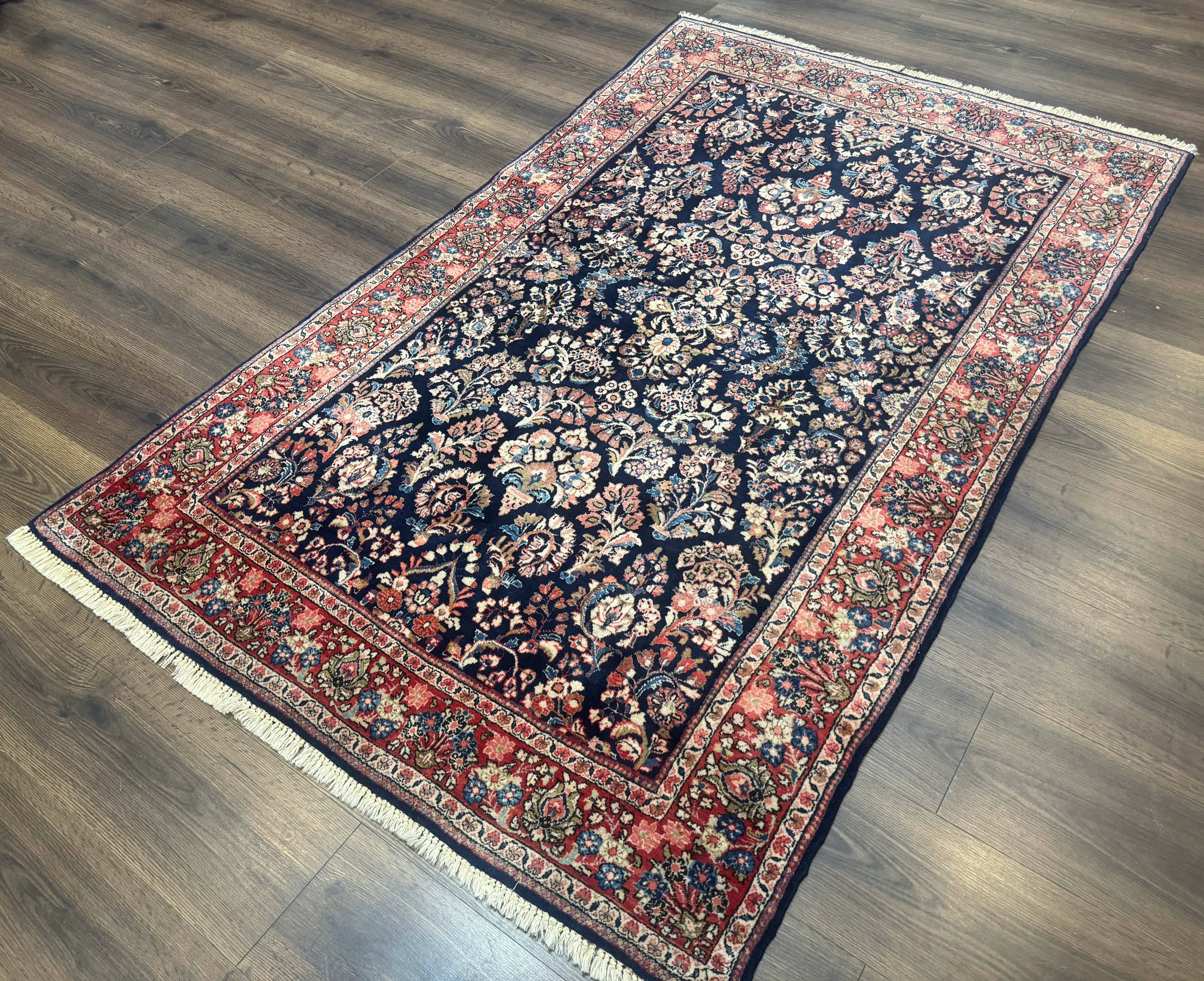 Navy Blue Persian Rug 4x6, Sarouk Mohajeran Carpet, Antique Persian Rug, Floral