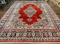 Persian Sarouk Rug 11x14, Semi Open Field, Large Antique Persian Wool Handmade Carpet, Red and Dark Blue, Floral