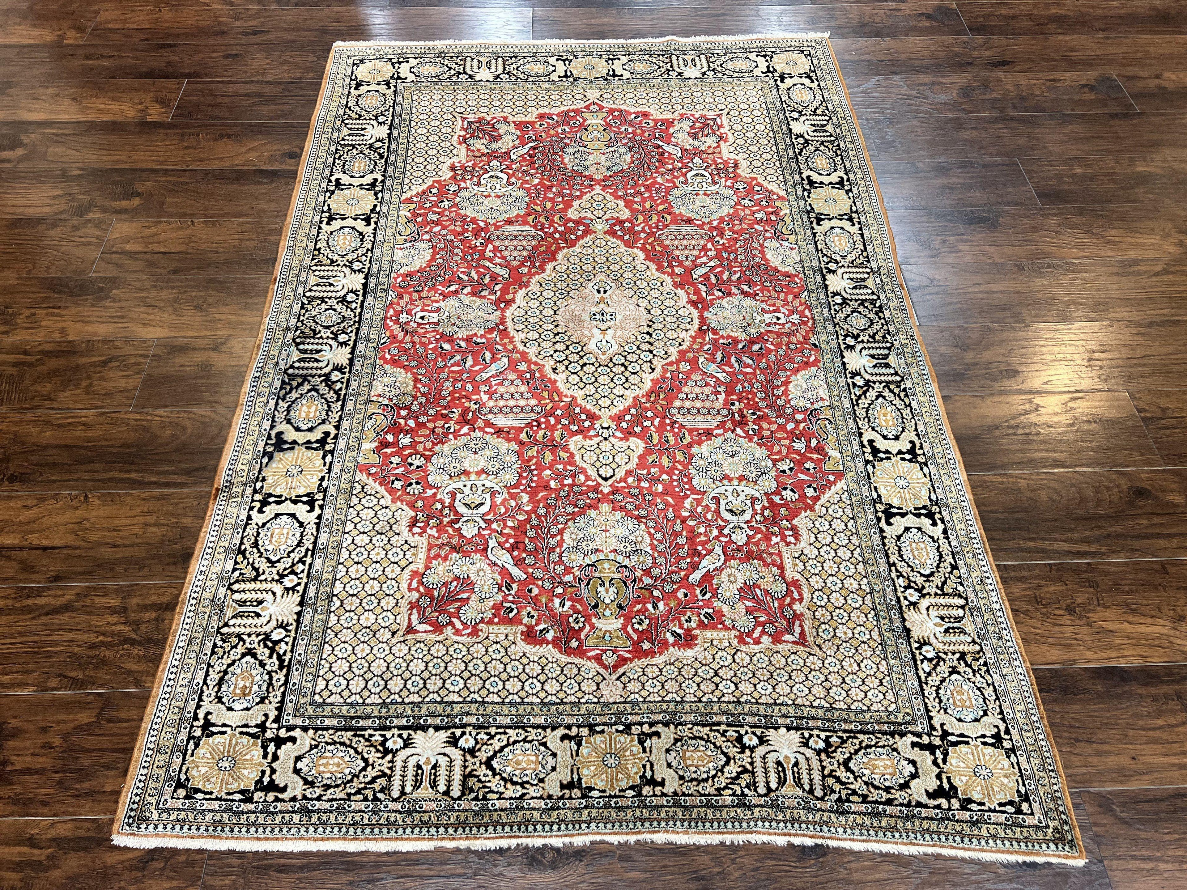 Wonderful Persian Silk Rug 5x7, Birds Floral Vases, Red, Hand Knotted Silk Fine Oriental Carpet, Handmade Vintage, Persian Qum Rug, 400 KPSI