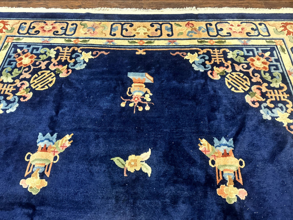 Chinese Wool Rug 8x11, Navy Blue and Beige, Simple Design, Fete Carpet