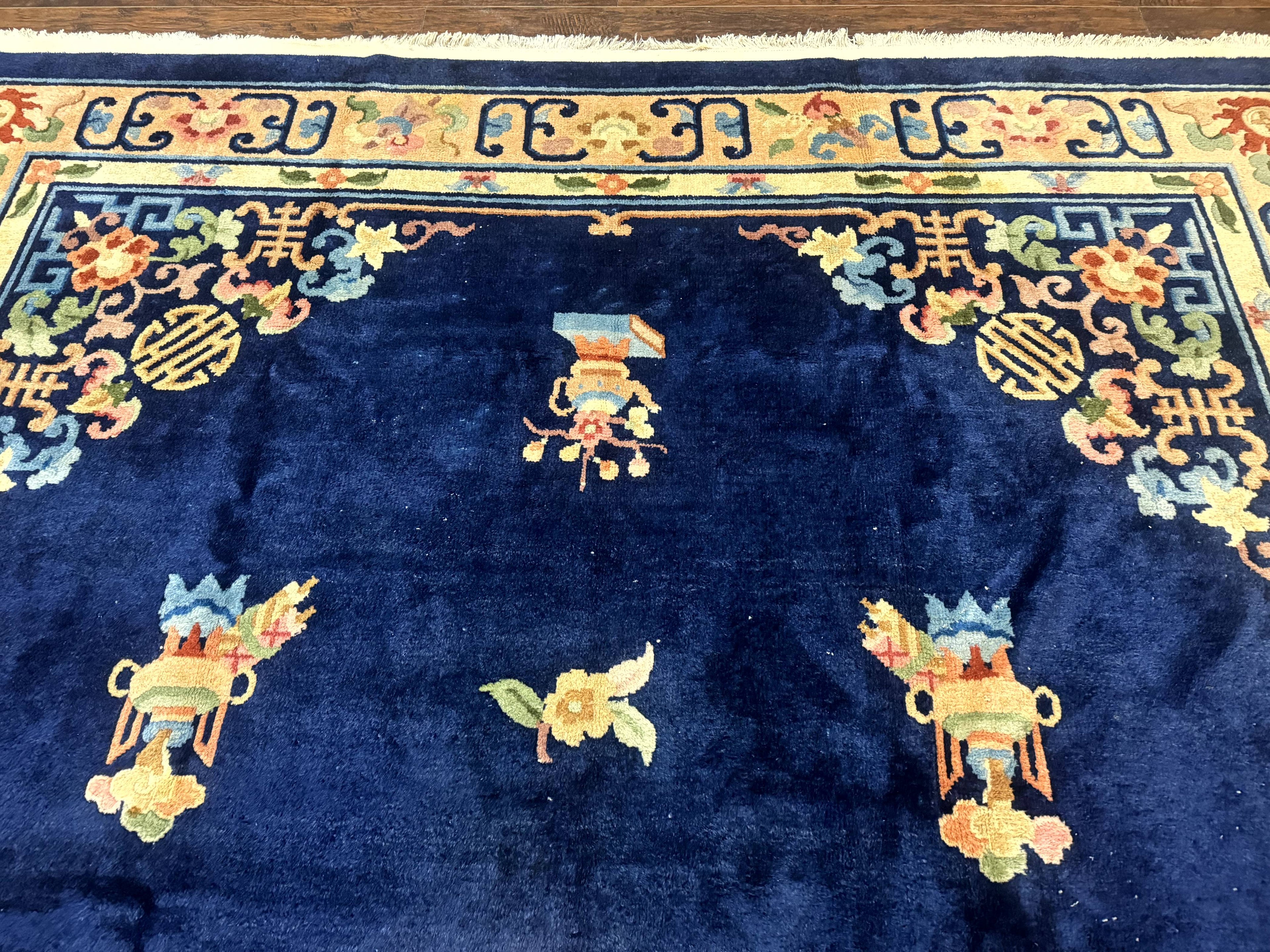 Chinese Wool Rug 8x11, Navy Blue and Beige, Simple Design, Fete Carpet