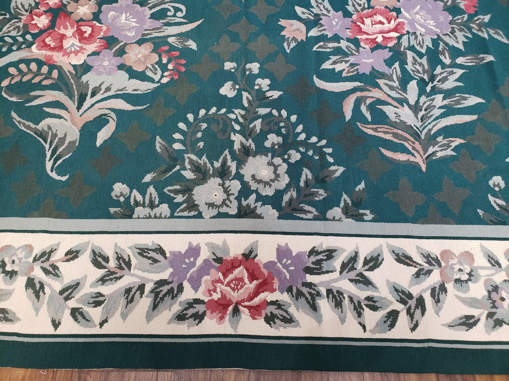 Chinese Needlepoint Rug 8x10, Vintage Green Area Rug, Hand-Woven Flatweave Floral European Design Carpet Wool Handmade 8x 10 Living Room Rug