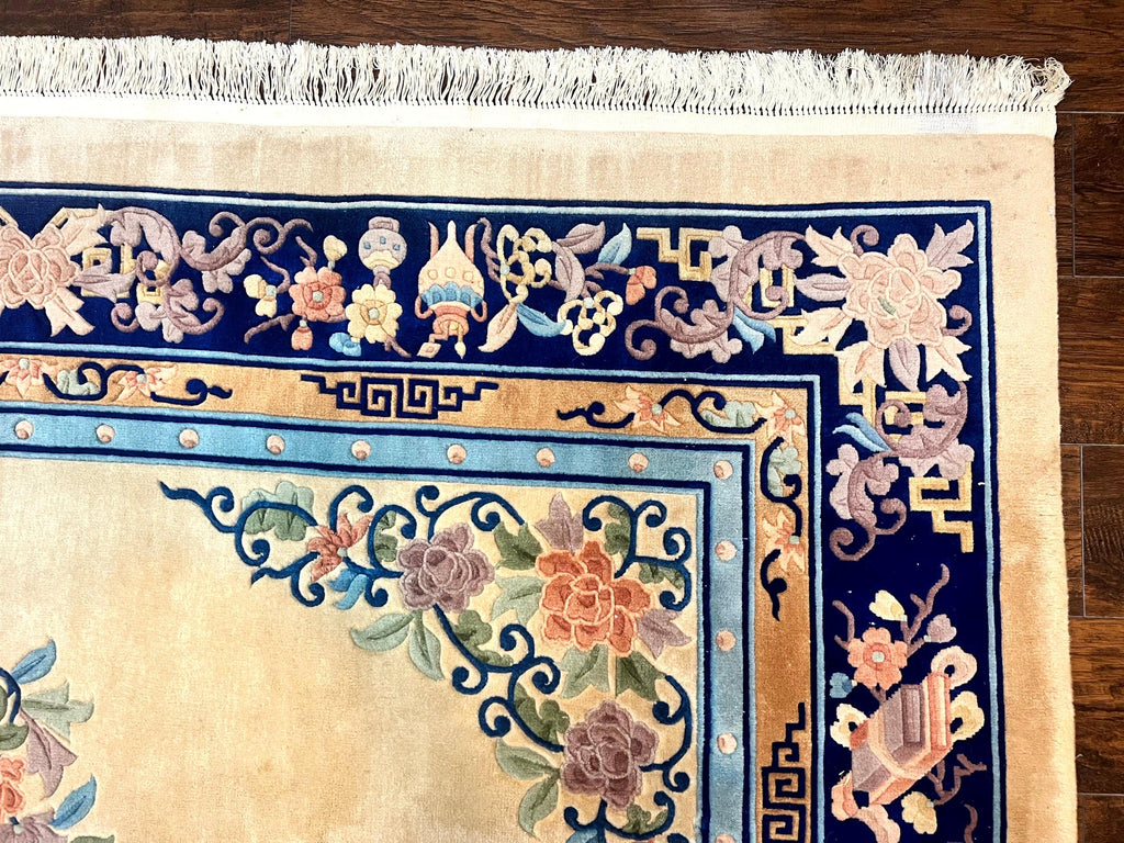 Chinese Wool Rug 8x11, Peking Asian Oriental Carpet, Cream/Ivory and Blue, Vintage Handmade Rug, Art Deco Rug