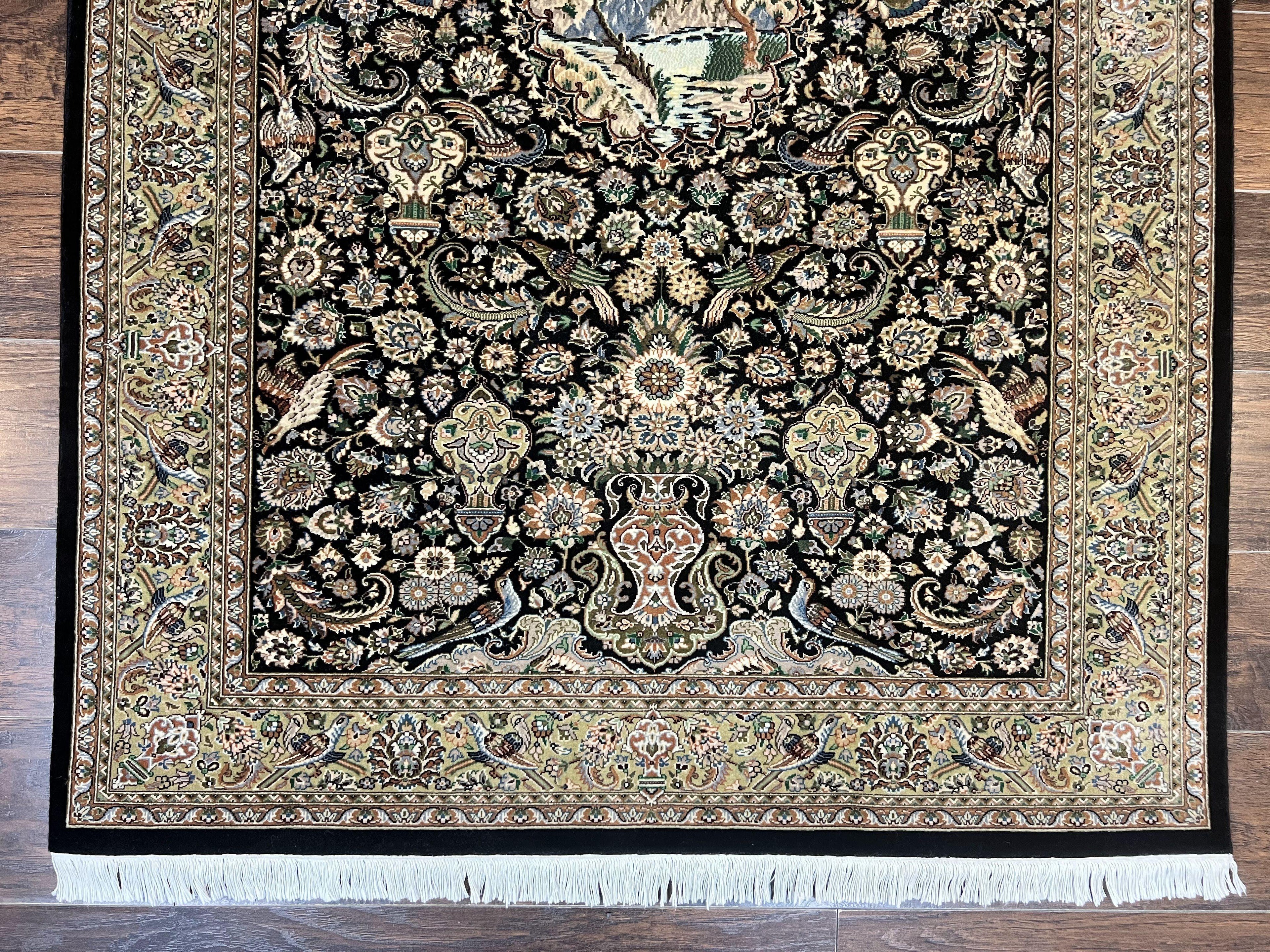 Pak Persian Rug 4x6, Wool Hand Knotted Vintage Carpet, Black & Olive Green, Bird Pictorials, Floral Fine Oriental Rug