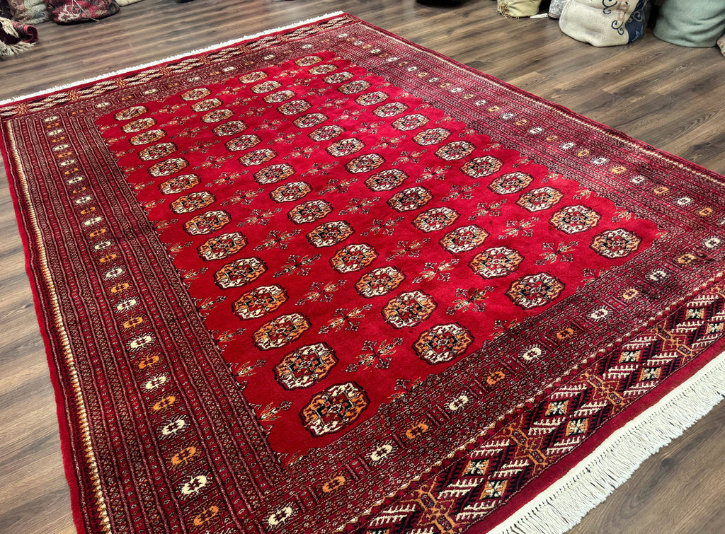 Red Turkoman Bokhara Rug 8x11, Pakistani Turkmen Carpet, Vintage Traditional Area Rug