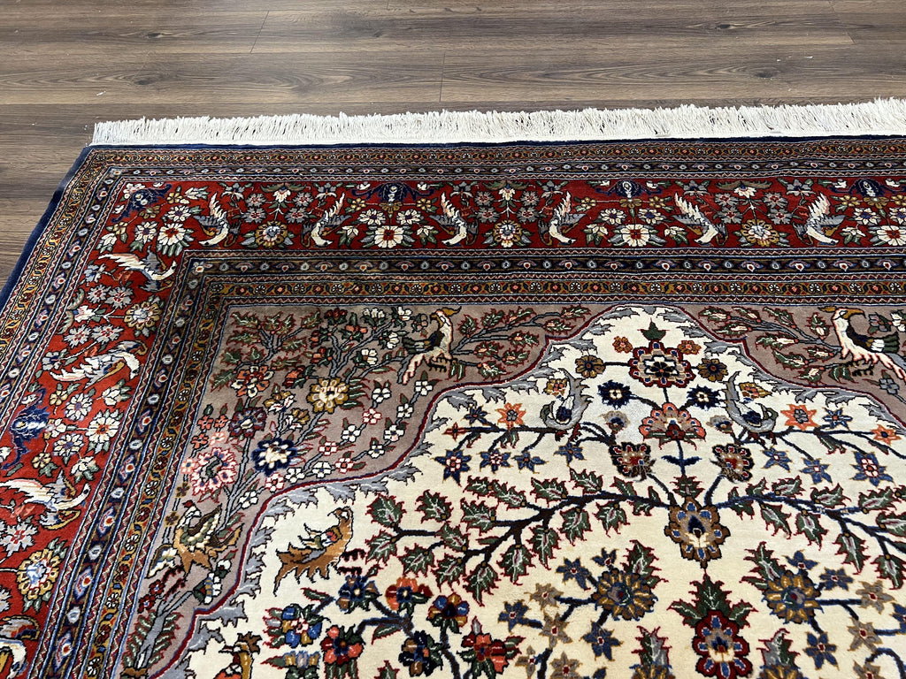 Beautiful Sino Persian Rug 7x10, Circle of Life Tree of Life Rug, Birds, Cream Red Navy Blue Taupe, Wool Silk Accents, Hand Knotted Vintage