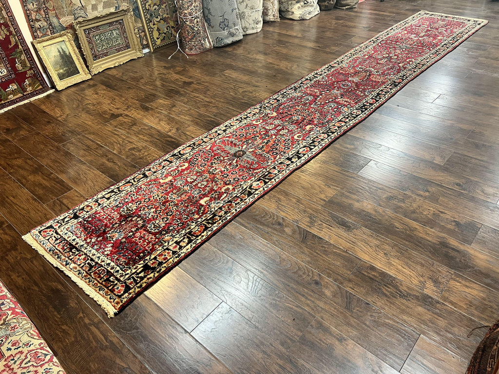 Antique Persian Runner Rug 2.9 x 17, Rare Sarouk Runner, Handmade Wool Rug for Hallway, Red, Floral
