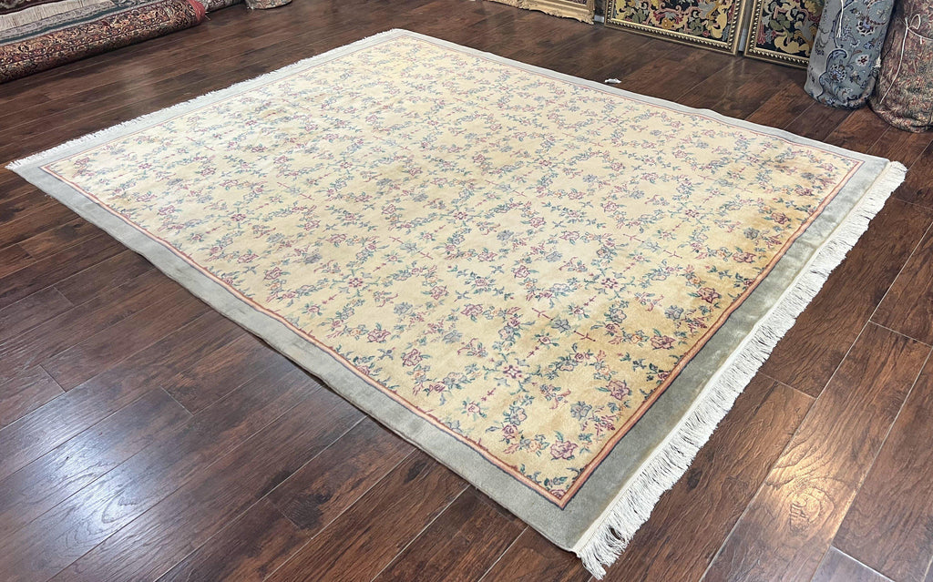 Sino Persian Rug 8x10, Floral, Oatmeal and Light Teal, Handmade Wool Vintage Carpet