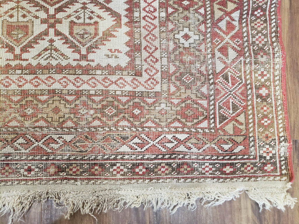 Antique Caucasian Shirvan Rug 4x6, Dagestan Area Rug, Wool Hand-Knotted Soft Red & Ivory 1920s Oriental Carpet, Soft Muted Colors
