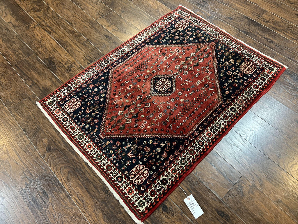 Persian Tribal Rug 3.6 x 5 ft, Persian Abadeh Rug, Geometric Medallion Bird Motifs, Red and Navy Blue Hand Knotted Handmade Wool Vintage Oriental Carpet