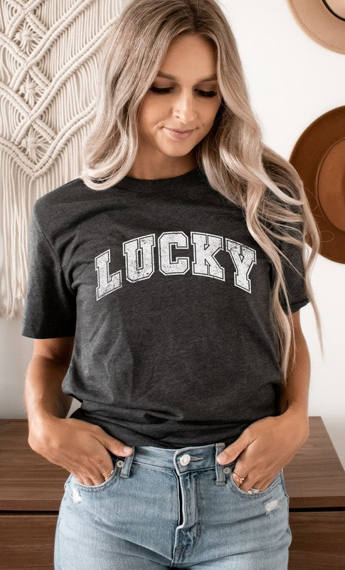 Distressed Varsity Lucky Patricks PLUS Graphic Tee T-Shirt