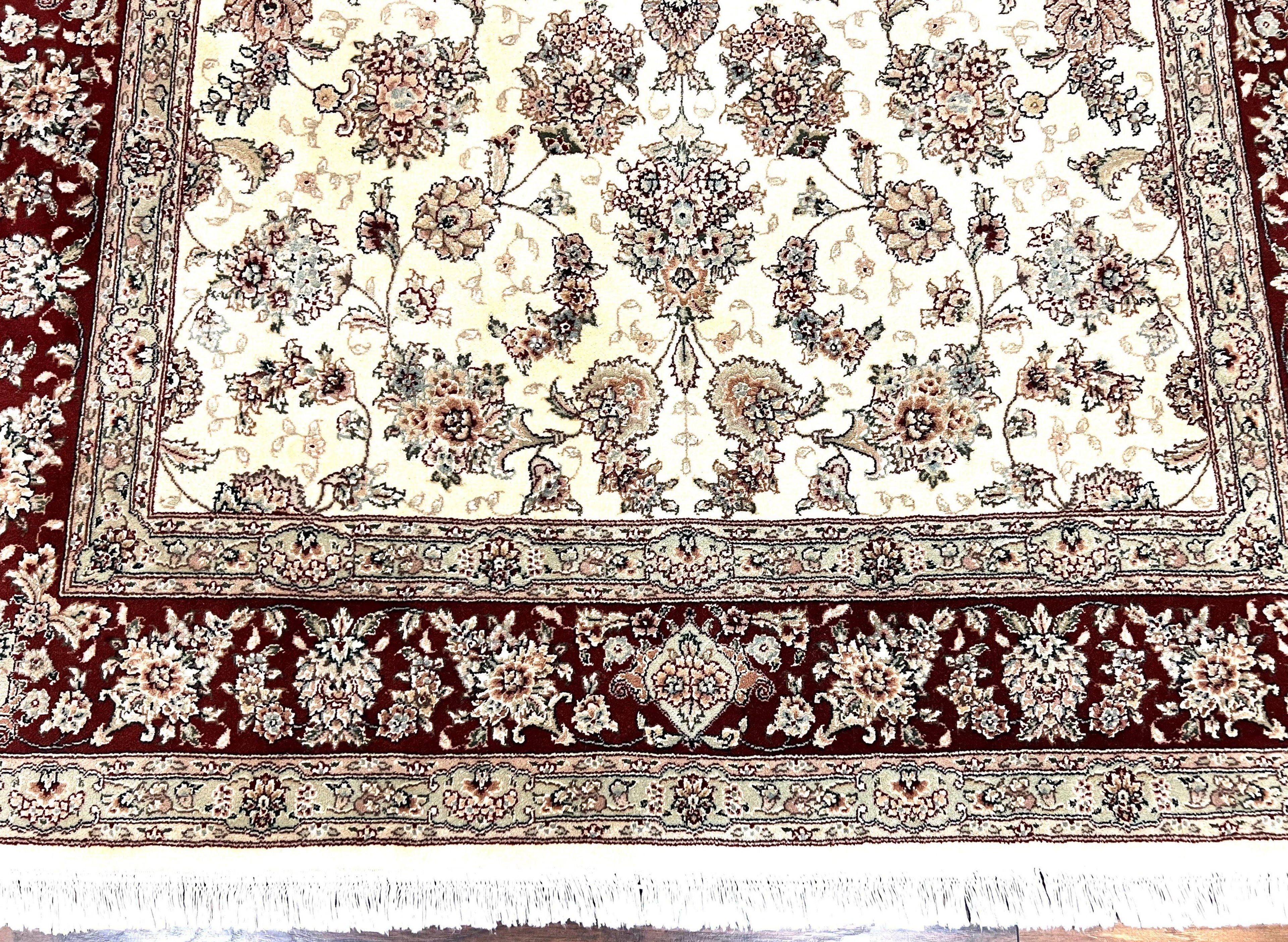 Pak Persian Rug 6x9, Floral Allover Carpet 6 x 9 ft, Cream and Maroon Hand Knotted Wool and Silk Fine Oriental Rug, Traditional Vintage Rug