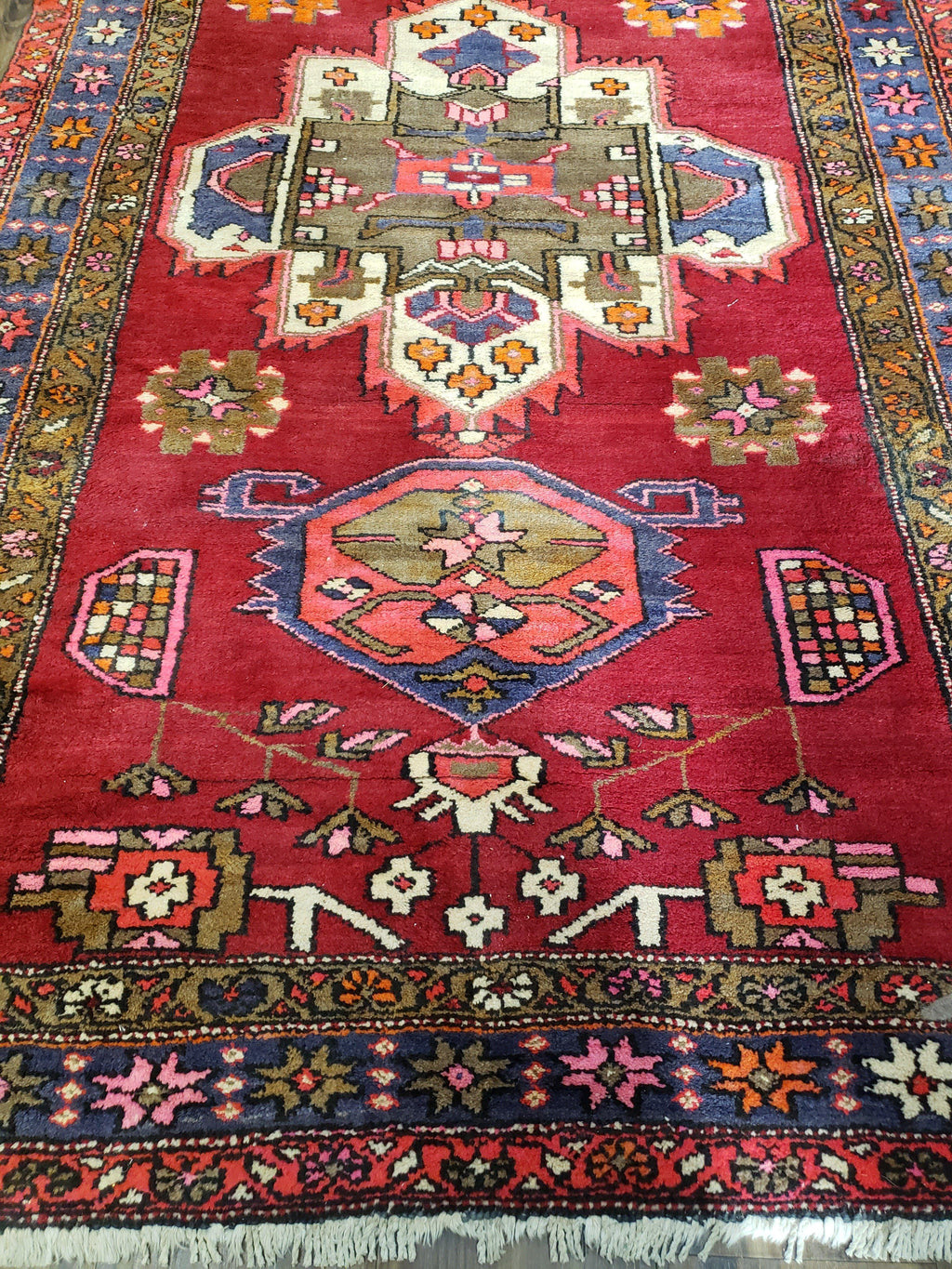 Antique Persian Karajeh Runner Rug 4.4 x 11 ft, Red Colorful Geometric Medallion Runner