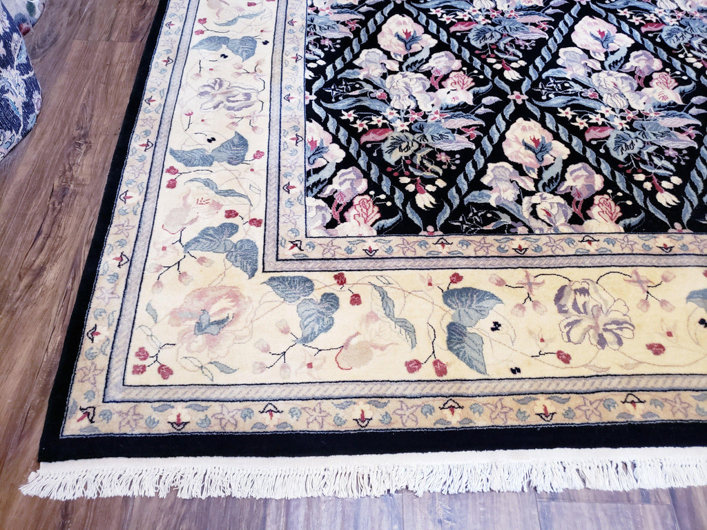 Sino-Persian Kirman Rug 9x12 Floral Handmade Wool Carpet Black & Ivory Vintage